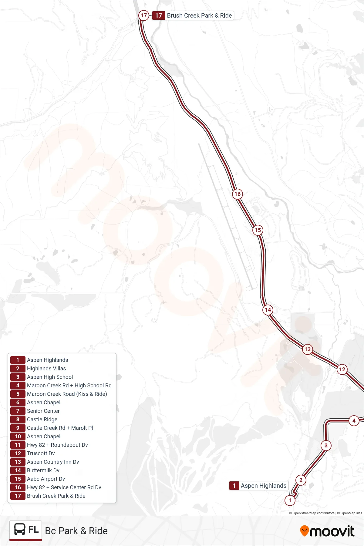 FL bus Line (Bc Park & Ride) route and stops on a map