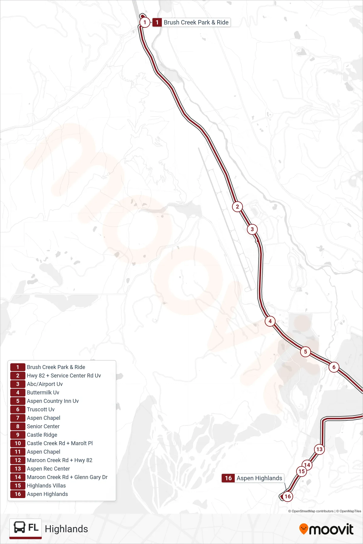 FL bus Line (Highlands) route and stops on a map