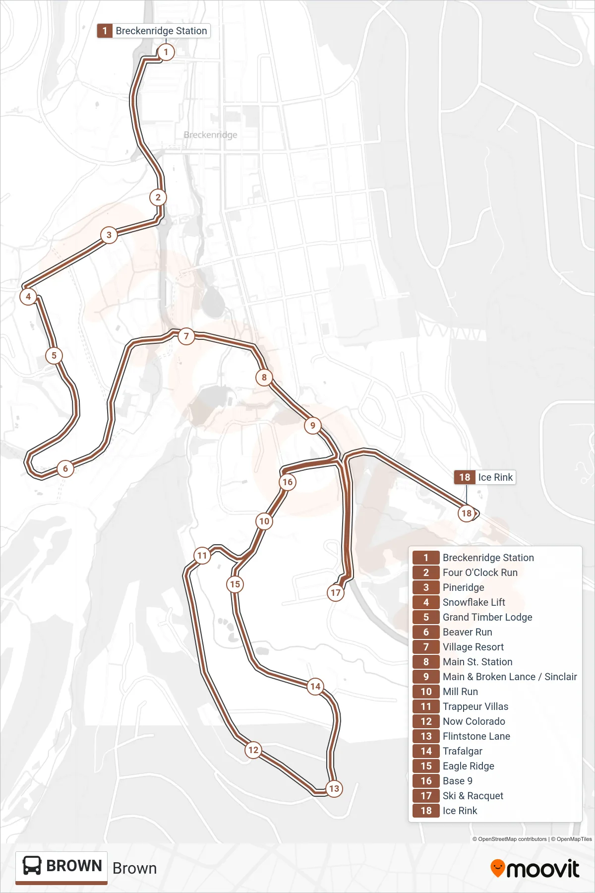 BROWN bus Line (Breckenridge Station‎→Ice Rink) route and stops on a map
