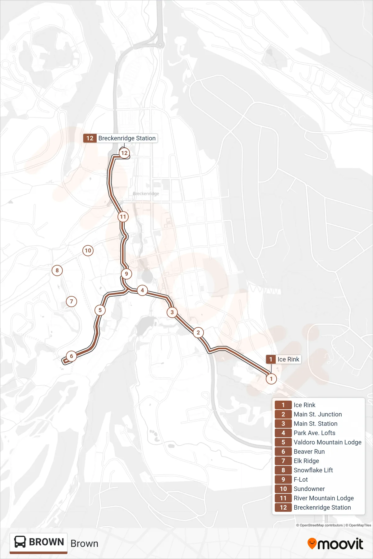 BROWN bus Line (Ice Rink‎→Breckenridge Station) route and stops on a map