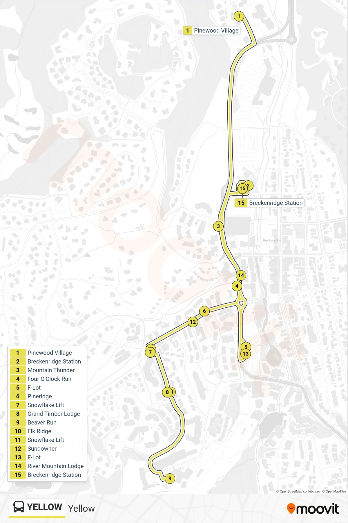 YELLOW bus Line (Pinewood Village‎→Breckenridge Station) route and stops on a map