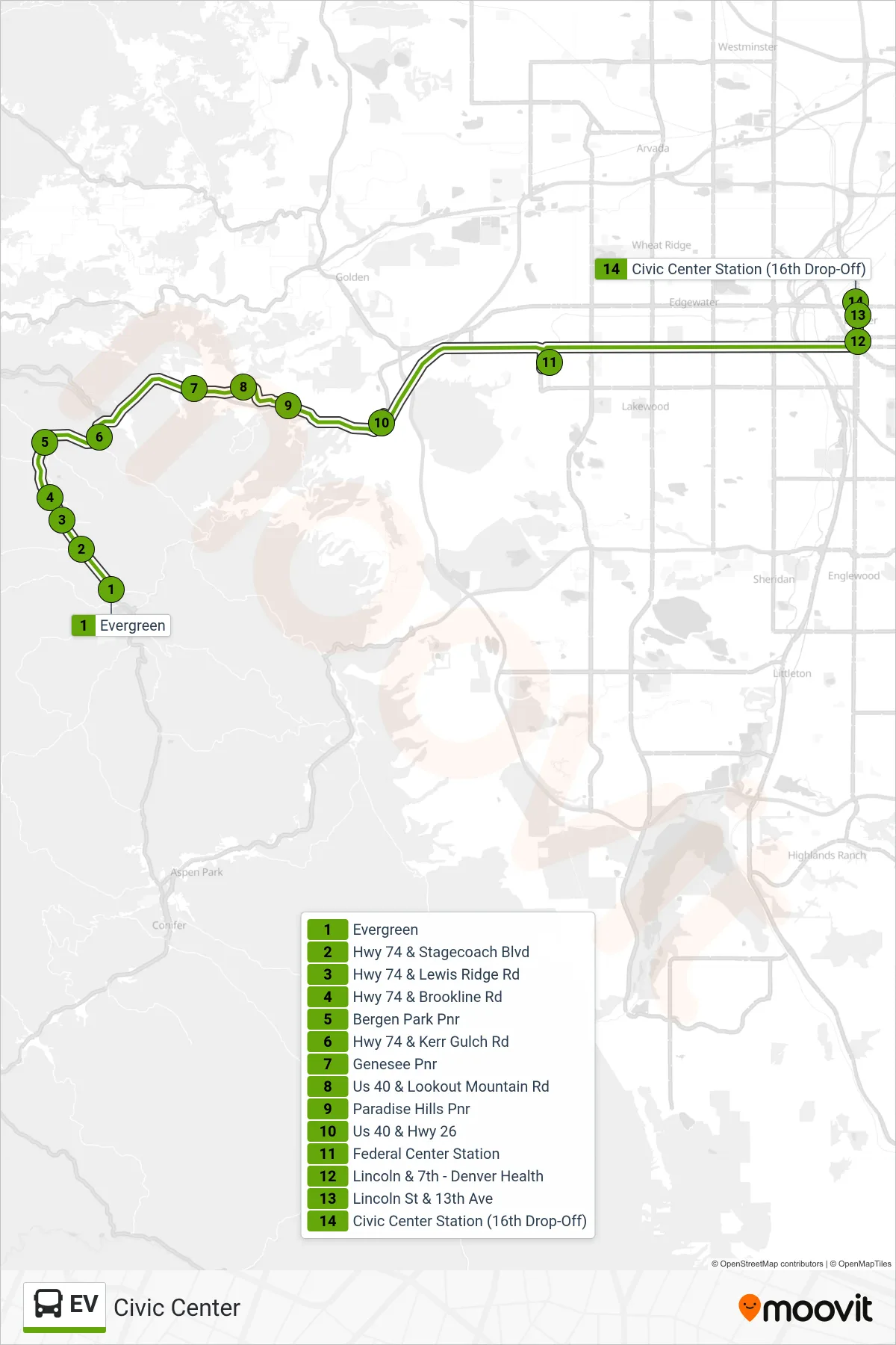 EV bus Line (Civic Center) route and stops on a map