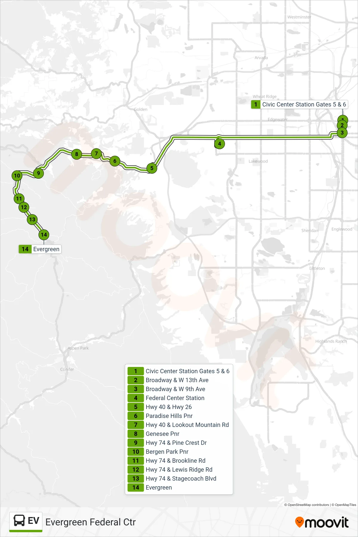 EV bus Line (Evergreen Federal Ctr) route and stops on a map