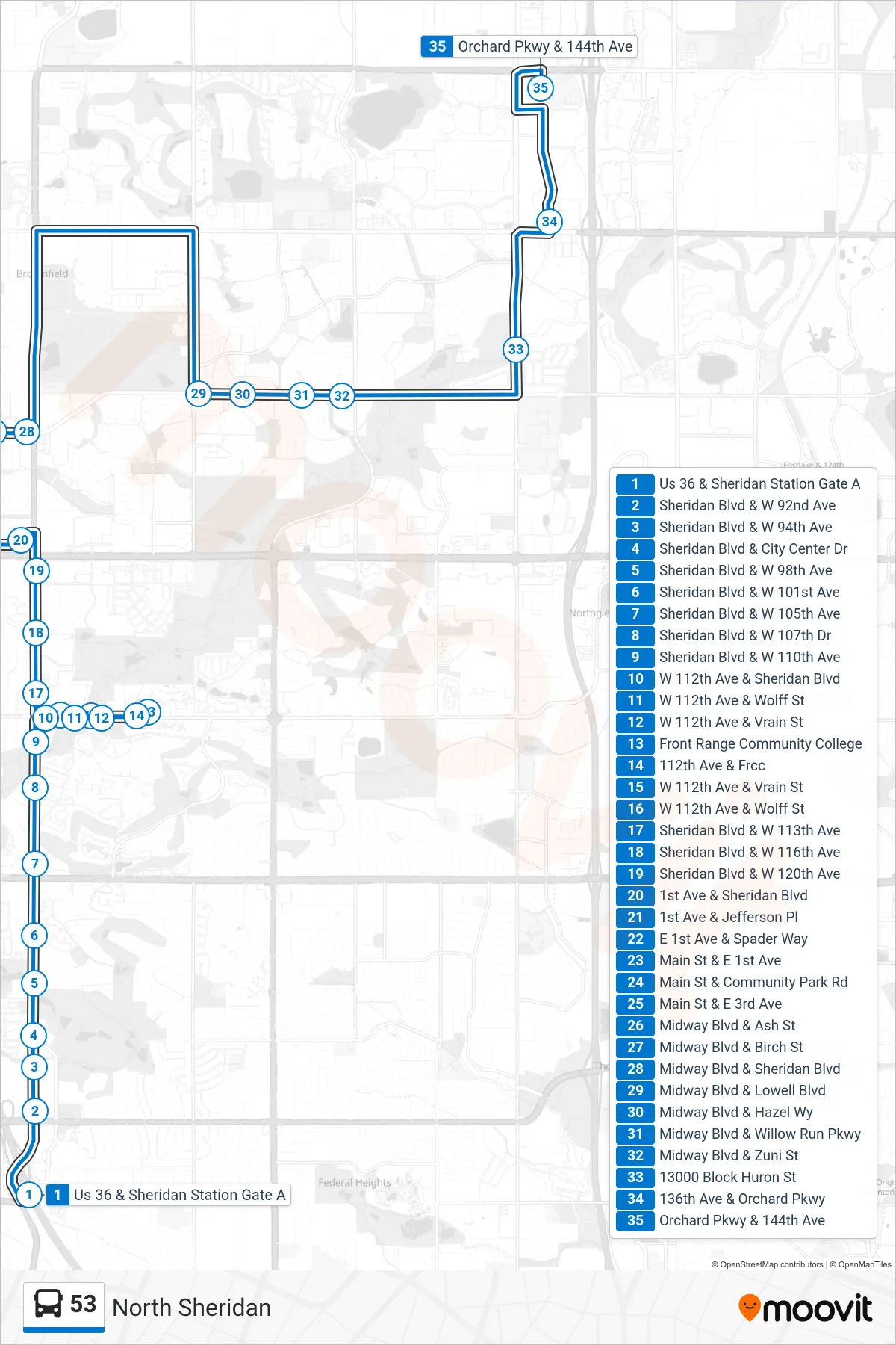 53 bus Line (Orchard/144th) route and stops on a map