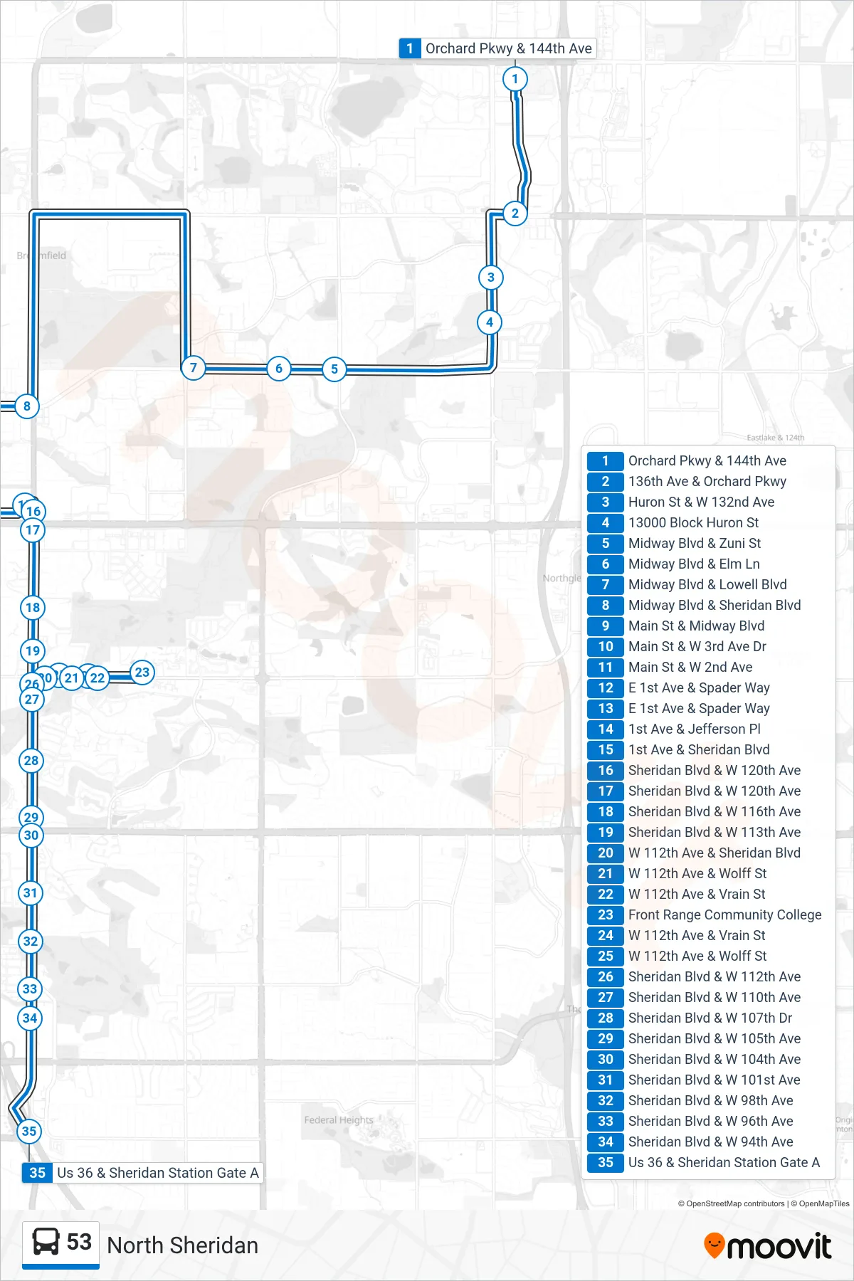 53 bus Line (Us 36 & Sheridan Station) route and stops on a map