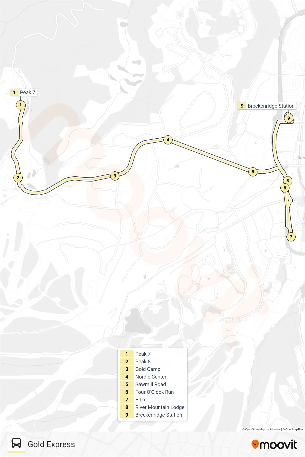 GOLD EXPRESS bus Line (Peak 7→Breckenridge Station) route and stops on a map