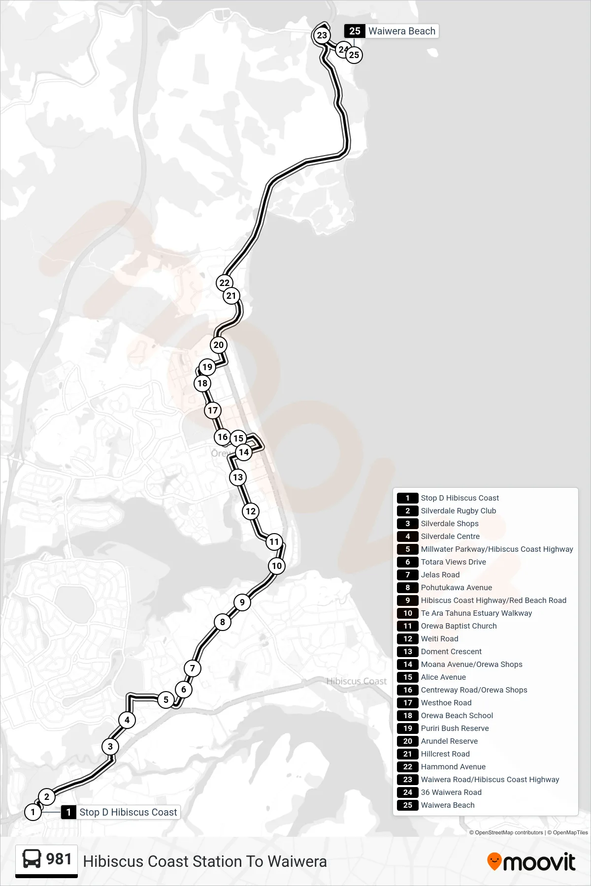 981 bus Line (Hibiscus Coast Station To Waiwera) route and stops on a map