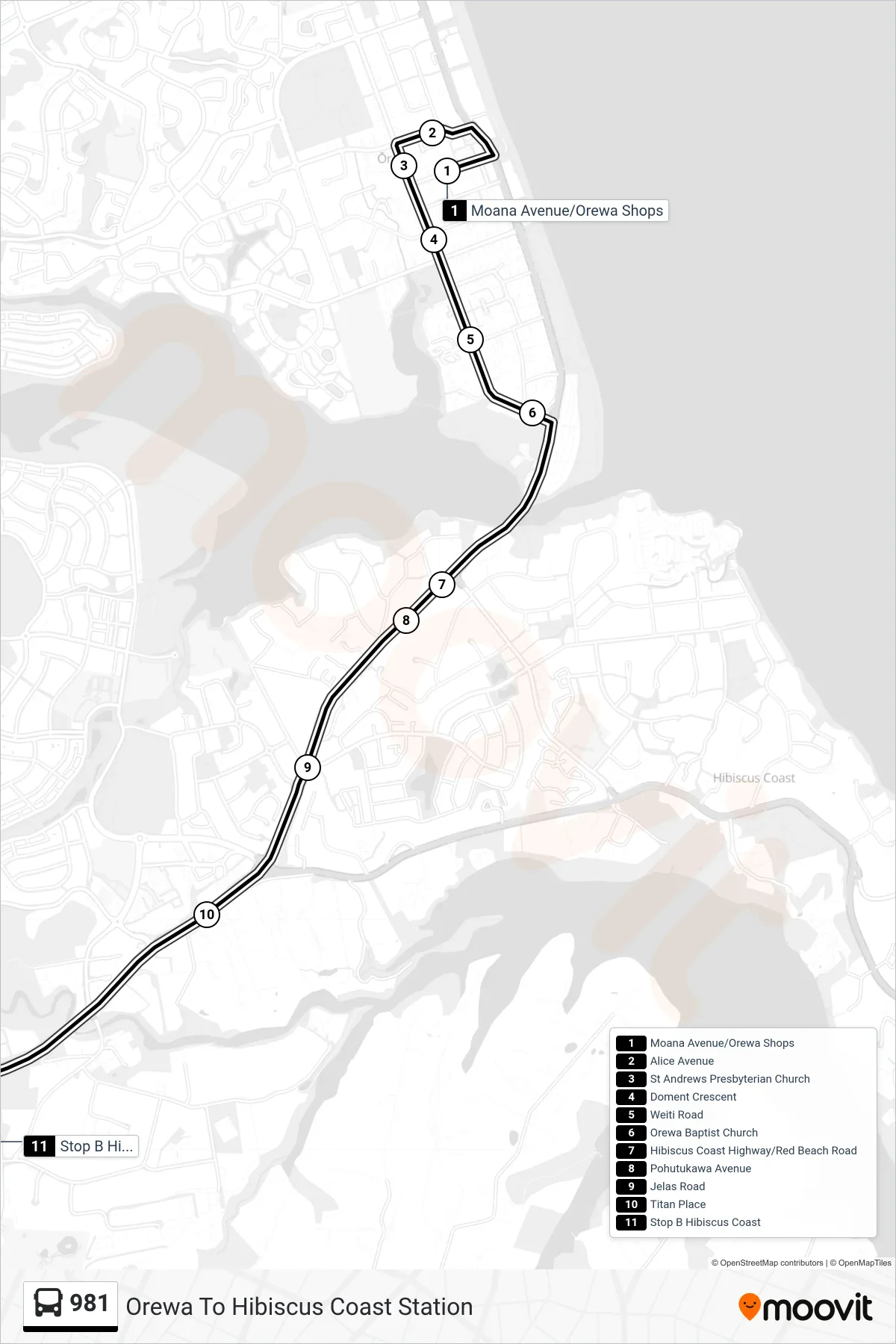 981 bus Line (Orewa To Hibiscus Coast Station) route and stops on a map