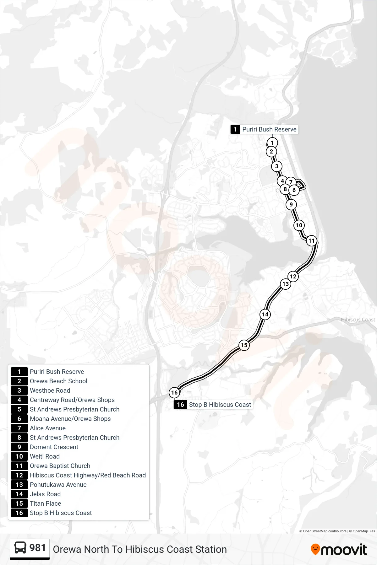 981 bus Line (Orewa North To Hibiscus Coast Station) route and stops on a map
