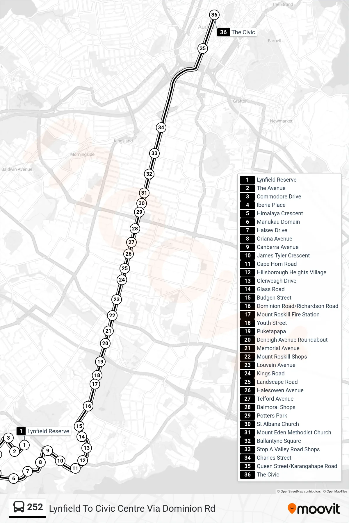 252 bus Line (Lynfield To Civic Centre Via Dominion Rd) route and stops on a map