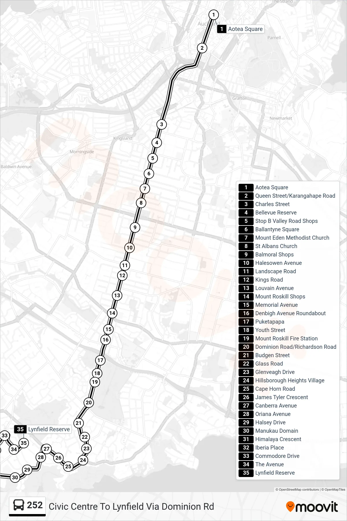 252 bus Line (Civic Centre To Lynfield Via Dominion Rd) route and stops on a map