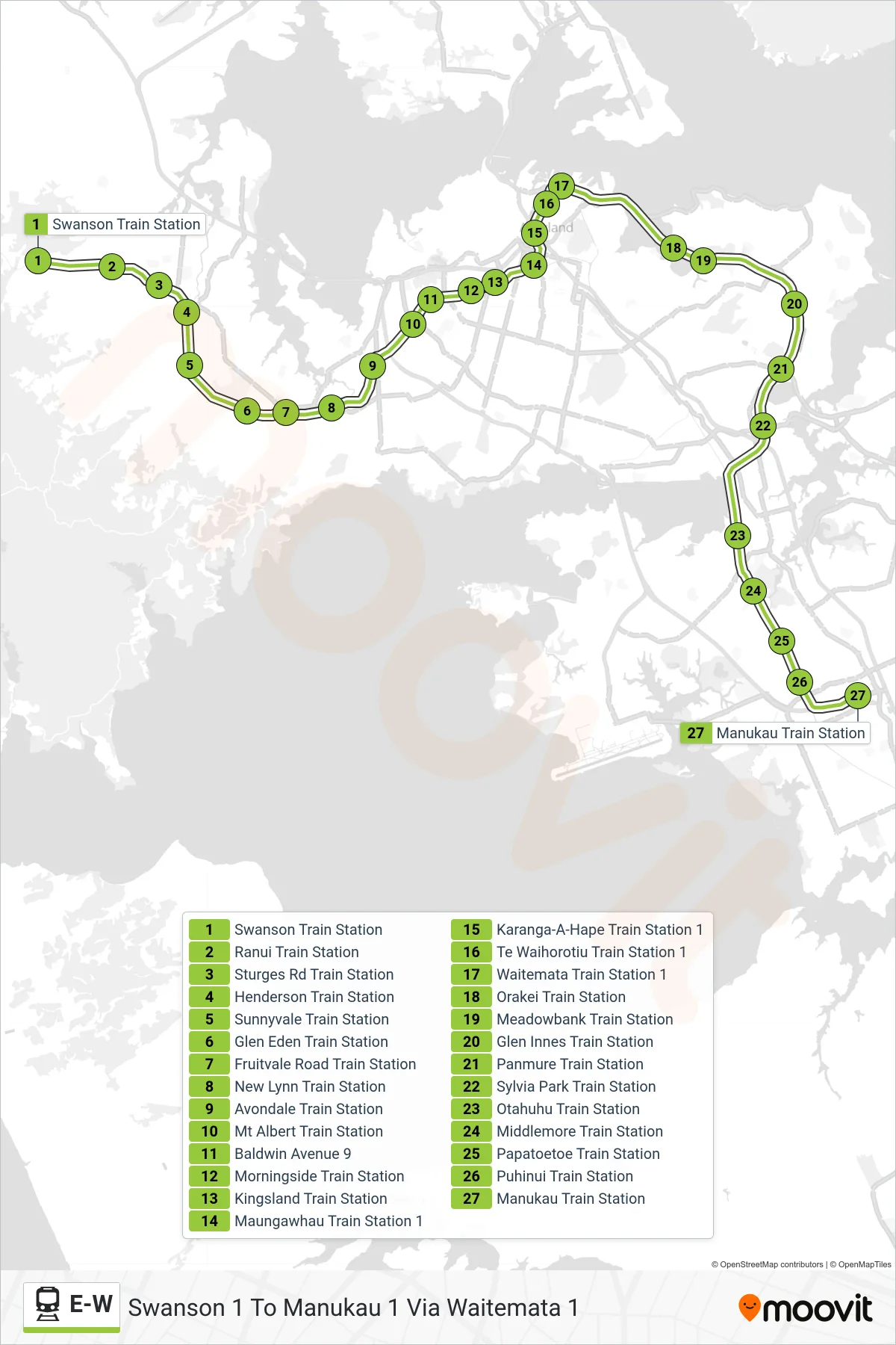 E-W rail Line (Swanson 1 To Manukau 1 Via Waitemata 1) route and stops on a map