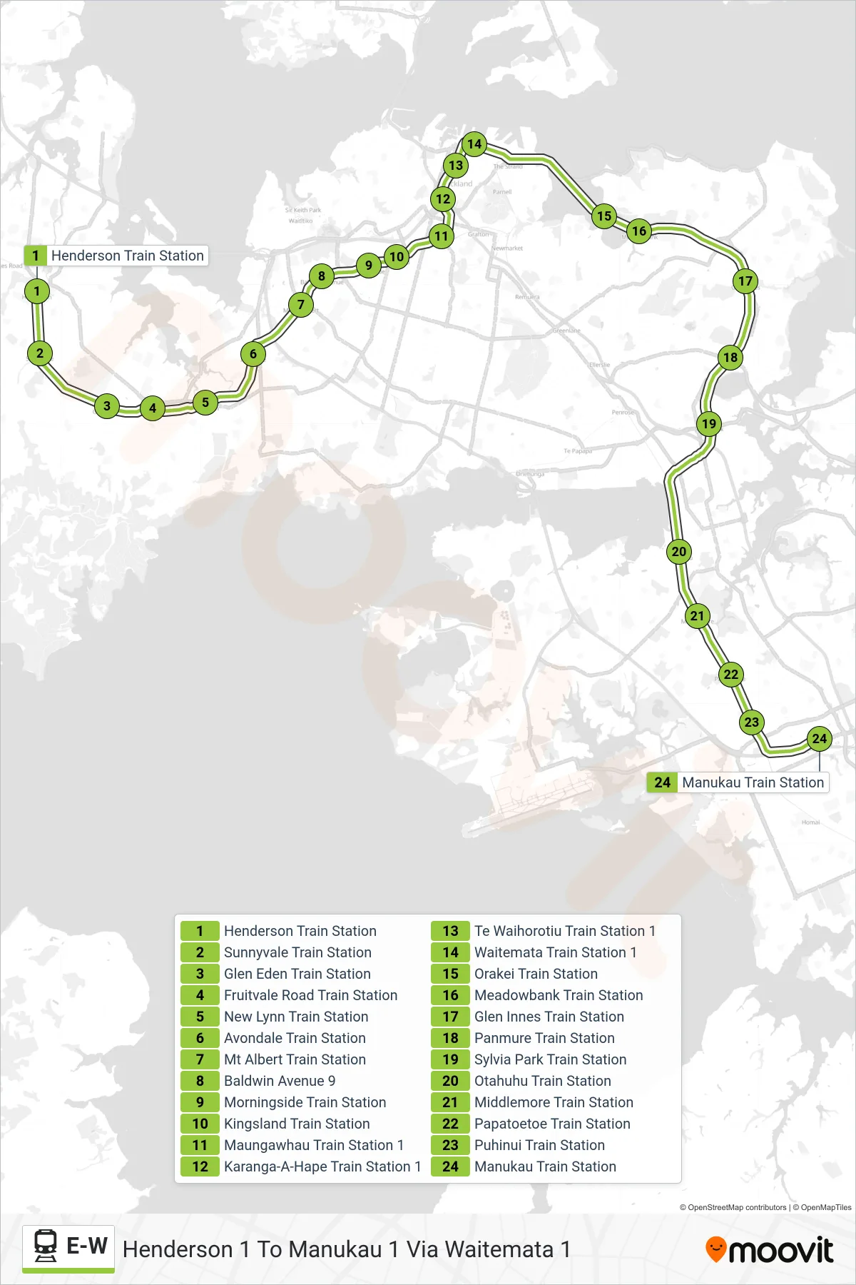 E-W rail Line (Henderson 1 To Manukau 1 Via Waitemata 1) route and stops on a map