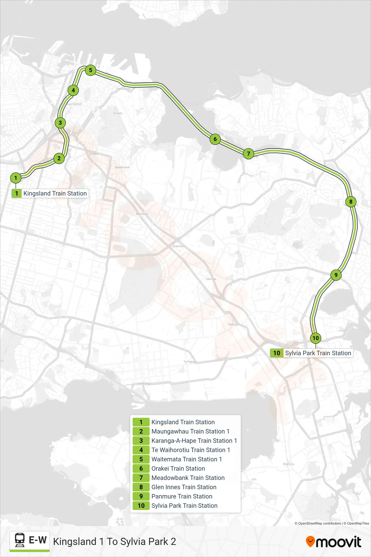 E-W train Line (Kingsland 1 To Sylvia Park 2) route and stops on a map