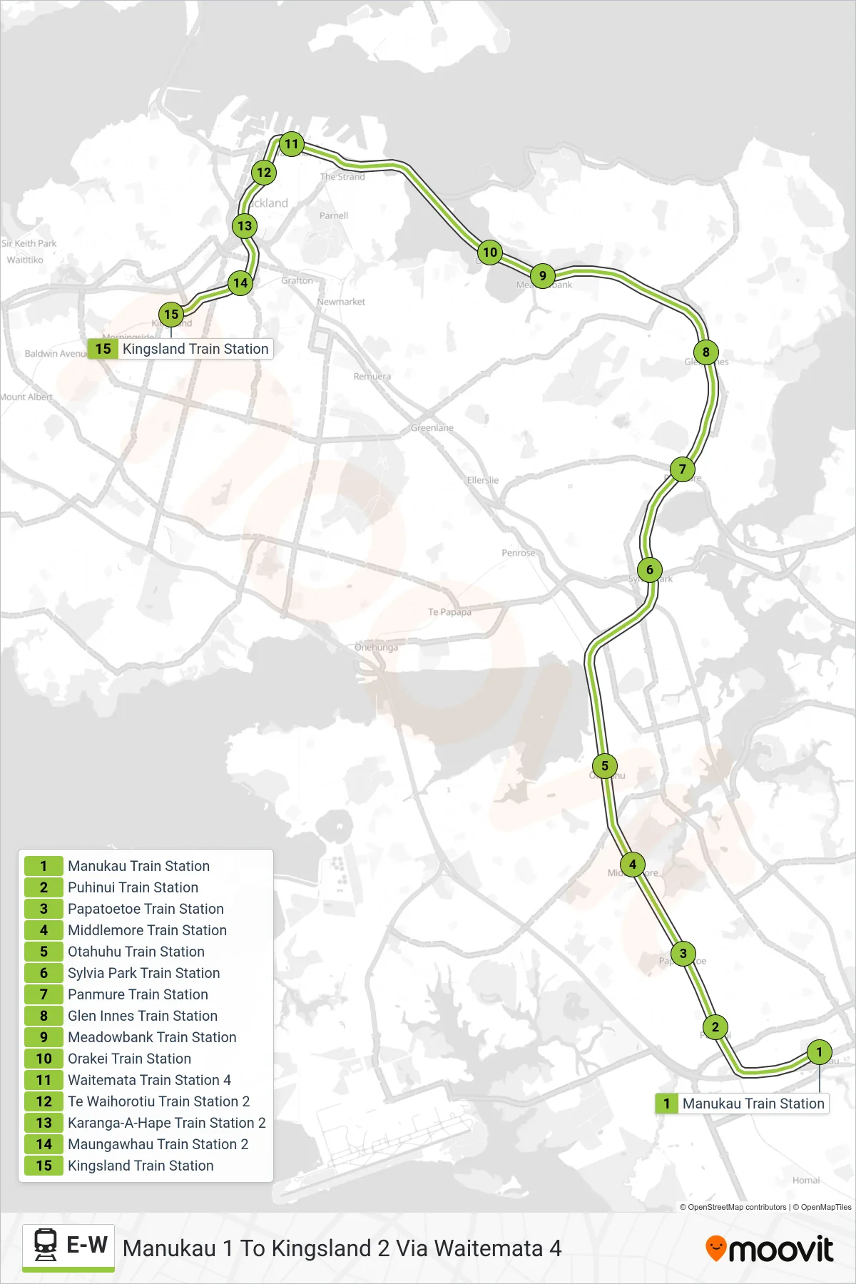 E-W rail Line (Manukau 1 To Kingsland 2 Via Waitemata 4) route and stops on a map