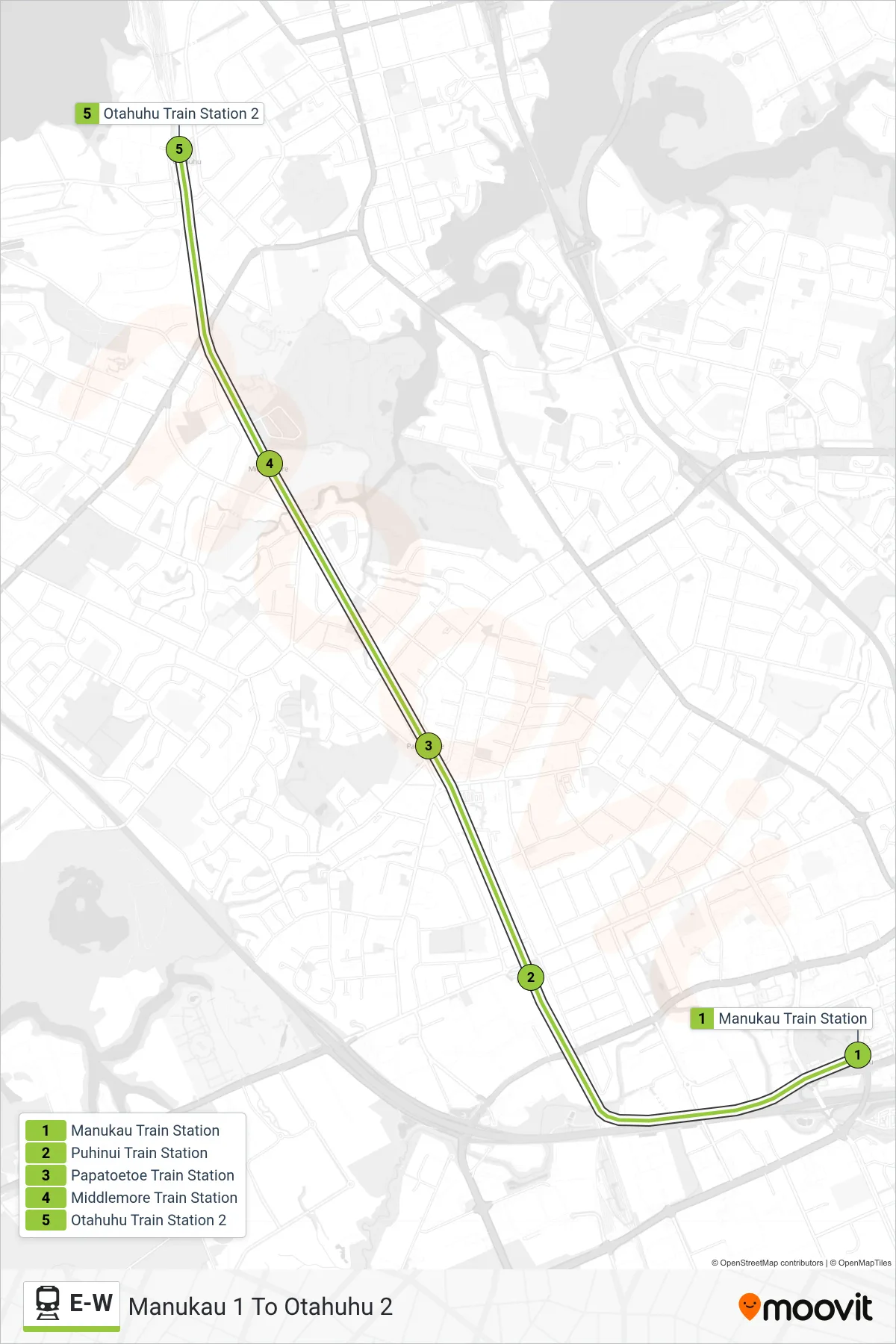 E-W rail Line (Manukau 1 To  Otahuhu 2) route and stops on a map