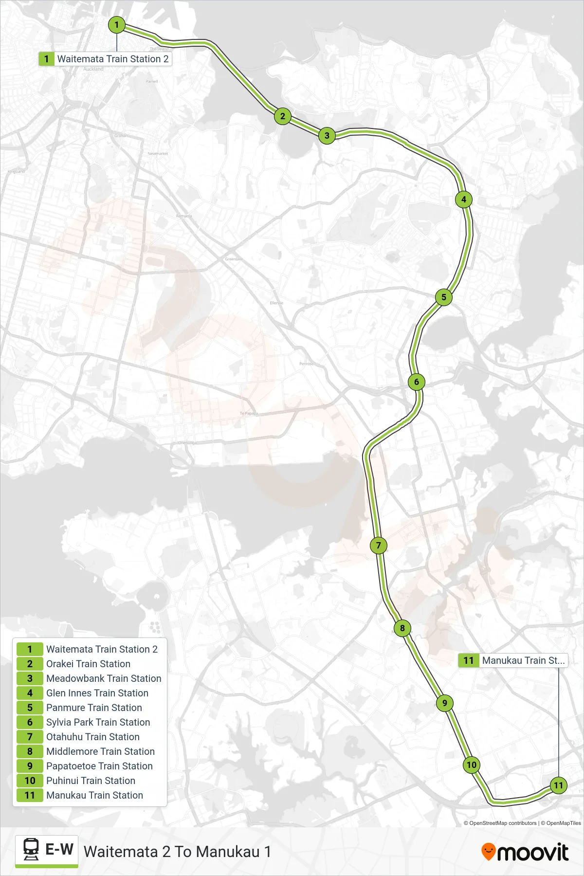 E-W train Line (Waitemata 2 To Manukau 1) route and stops on a map