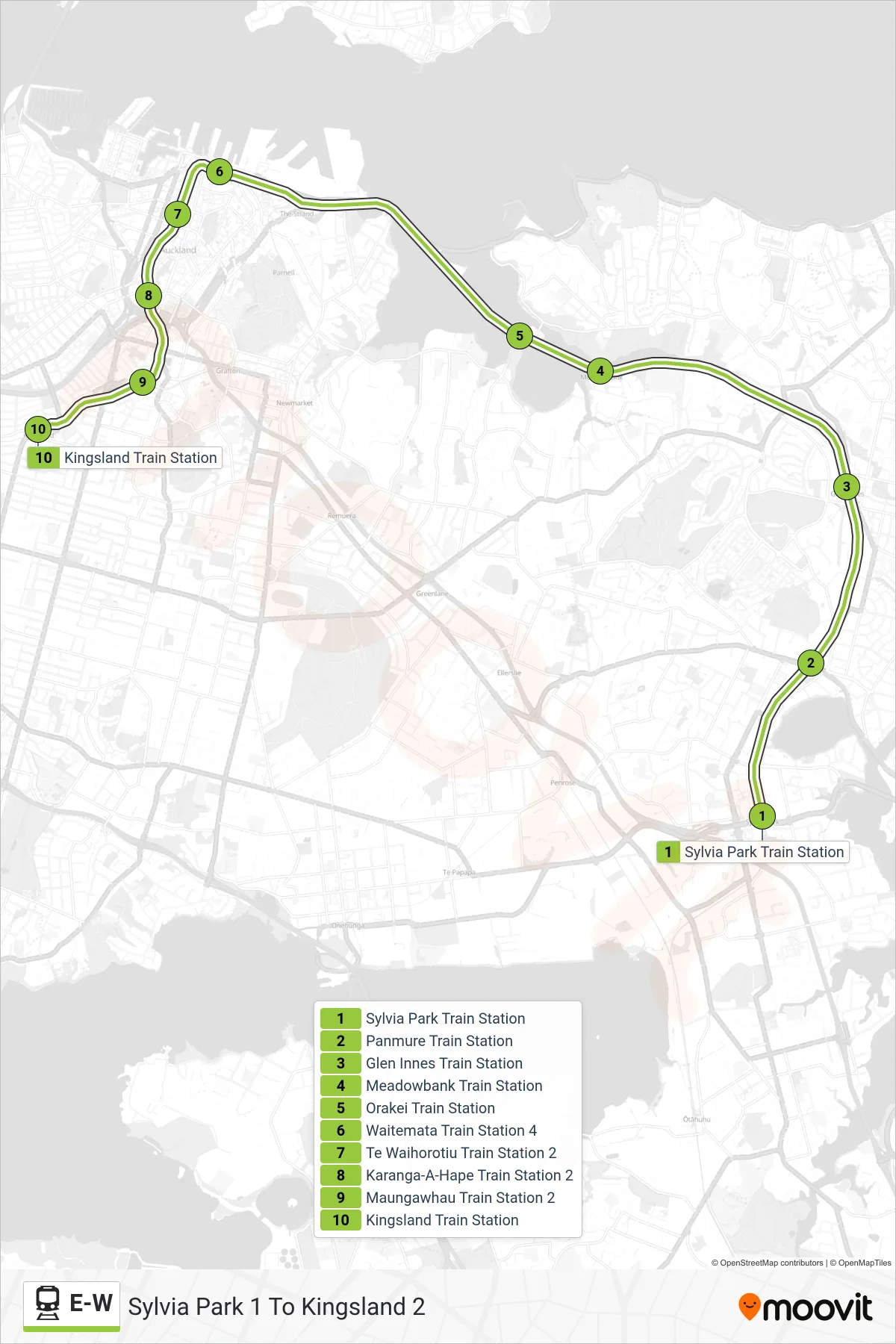 E-W rail Line (Sylvia Park 1 To Kingsland 2) route and stops on a map