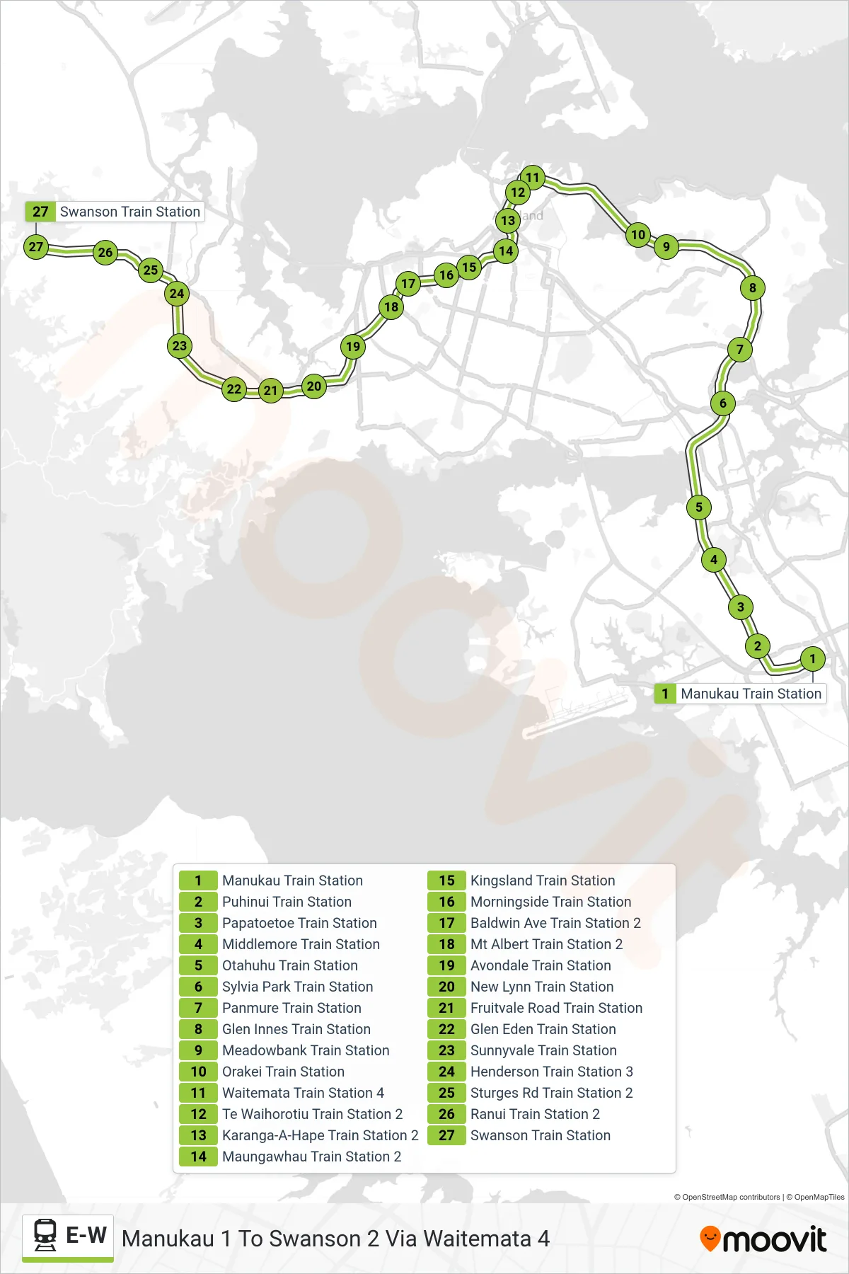 E-W rail Line (Manukau 1 To Swanson 2 Via Waitemata 4) route and stops on a map