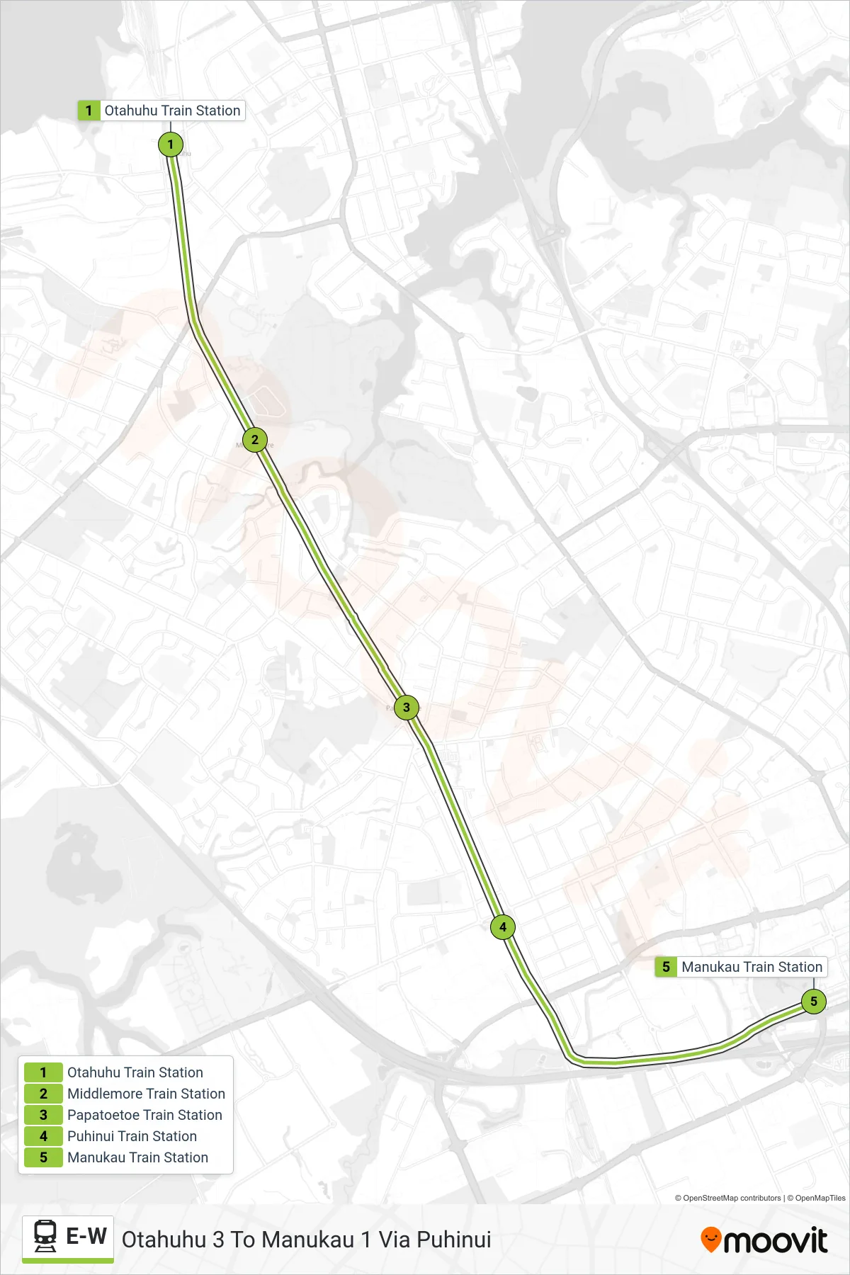 E-W train Line (Otahuhu 3 To Manukau 1 Via Puhinui) route and stops on a map