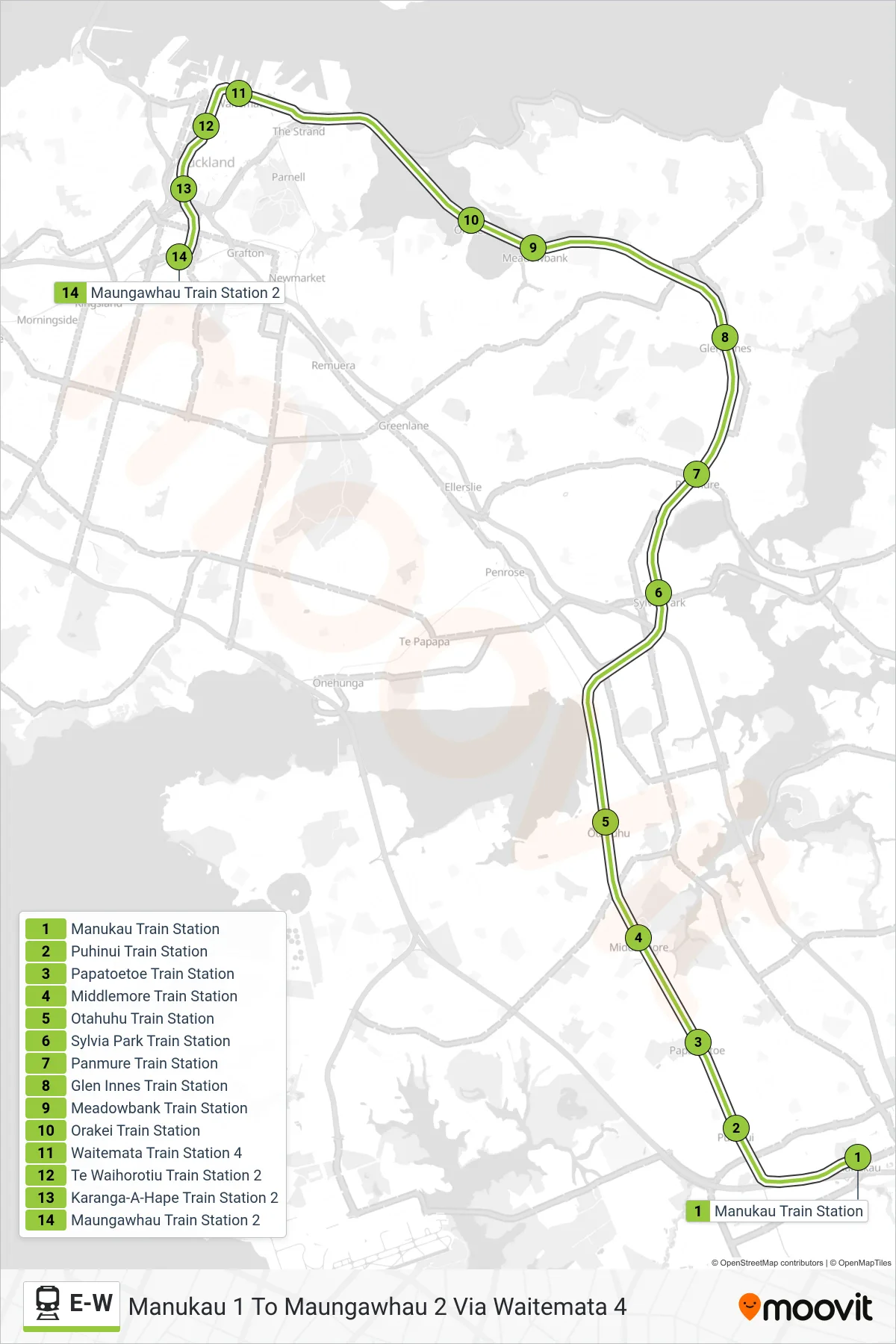 E-W rail Line (Manukau 1 To Maungawhau 2 Via Waitemata 4) route and stops on a map