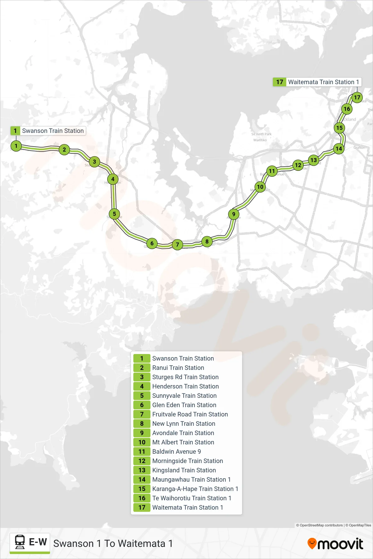 E-W rail Line (Swanson 1 To Waitemata 1) route and stops on a map