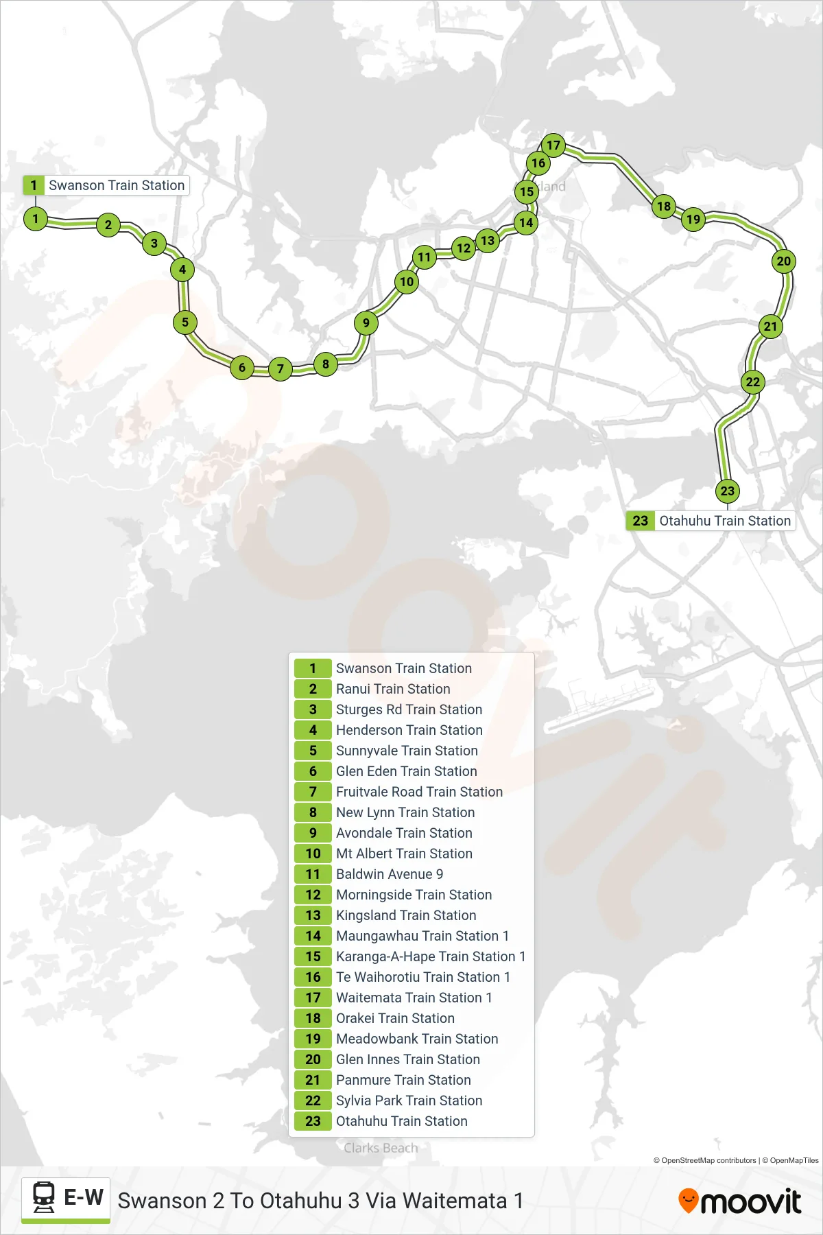 E-W train Line (Swanson 2 To Otahuhu 3 Via Waitemata 1) route and stops on a map