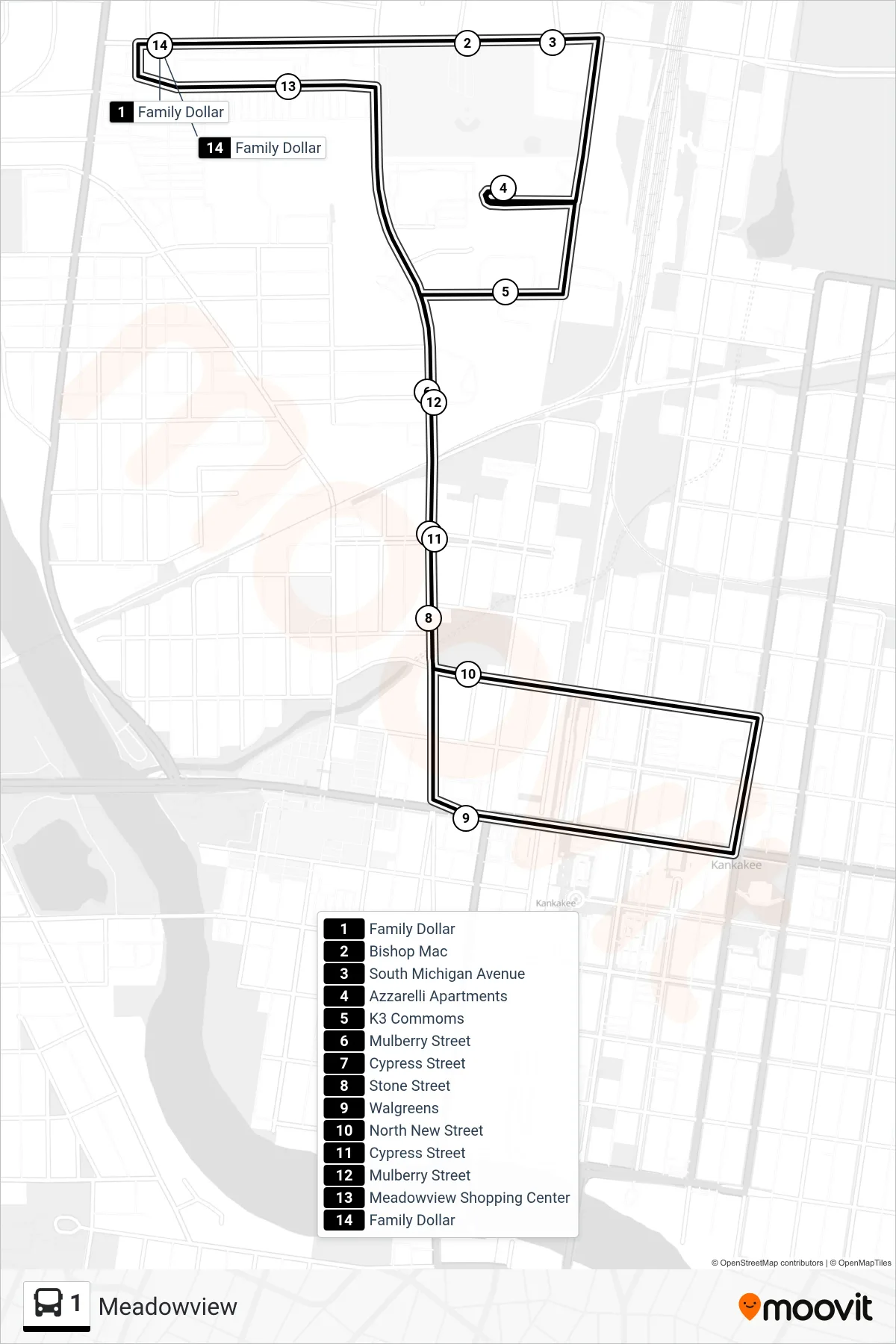 1 bus Line (Meadowview) route and stops on a map