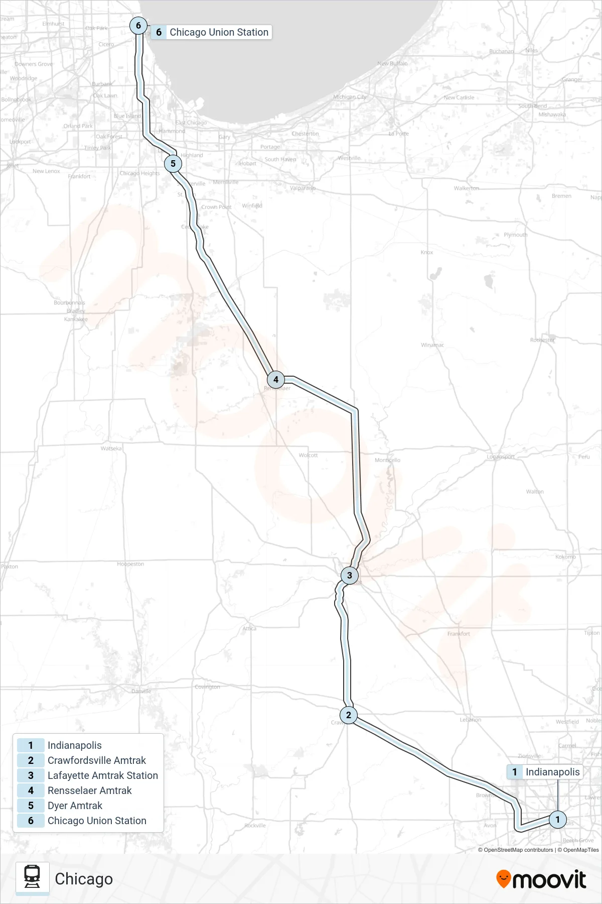 CARDINAL rail Line (Chicago) route and stops on a map