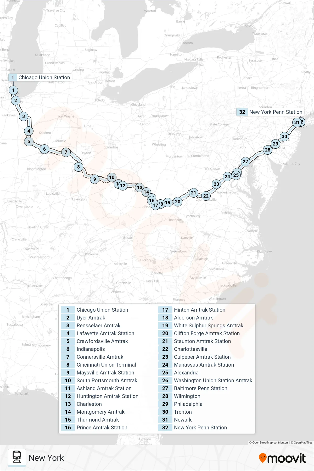 CARDINAL train Line (New York) route and stops on a map