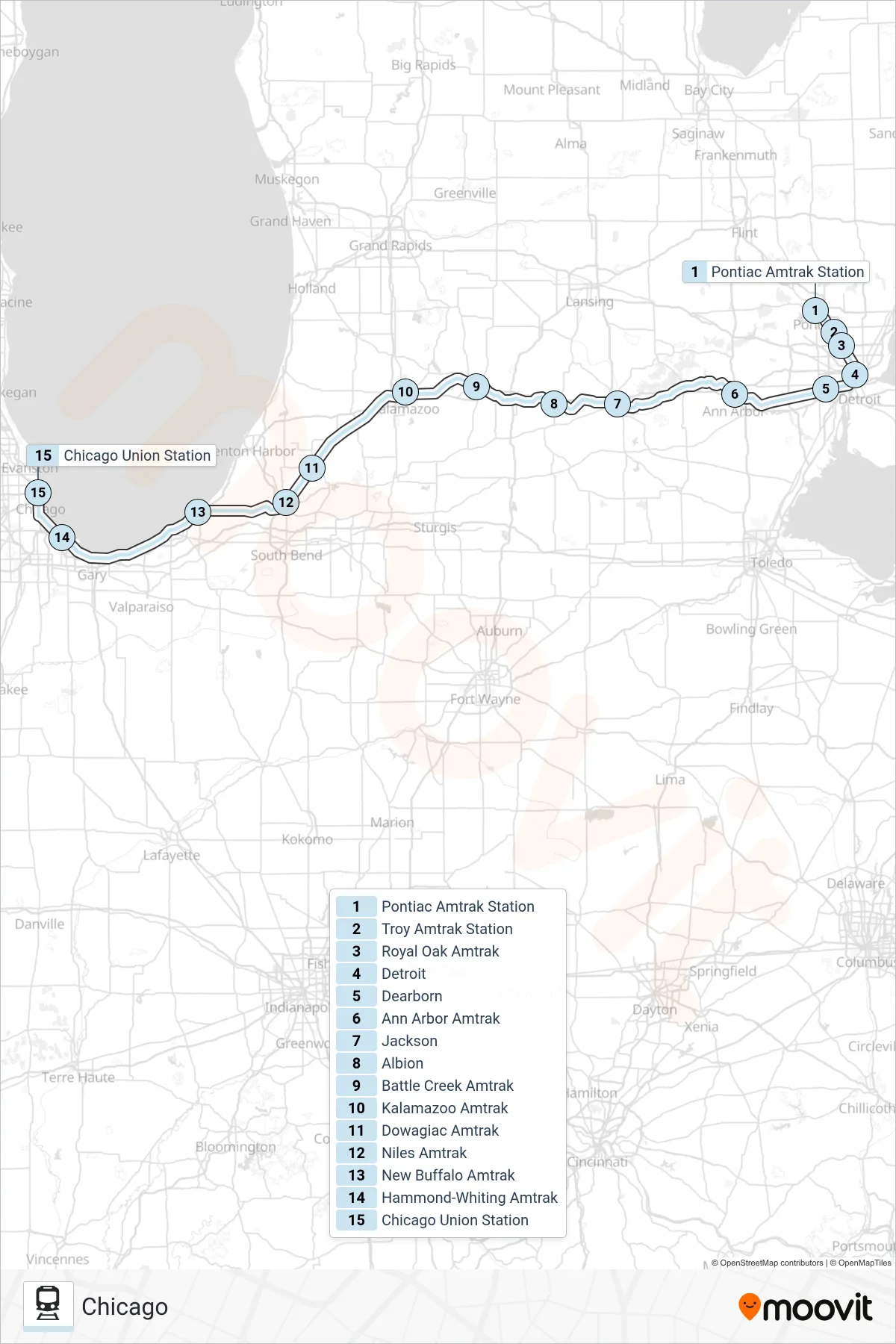WOLVERINE train Line (Chicago) route and stops on a map