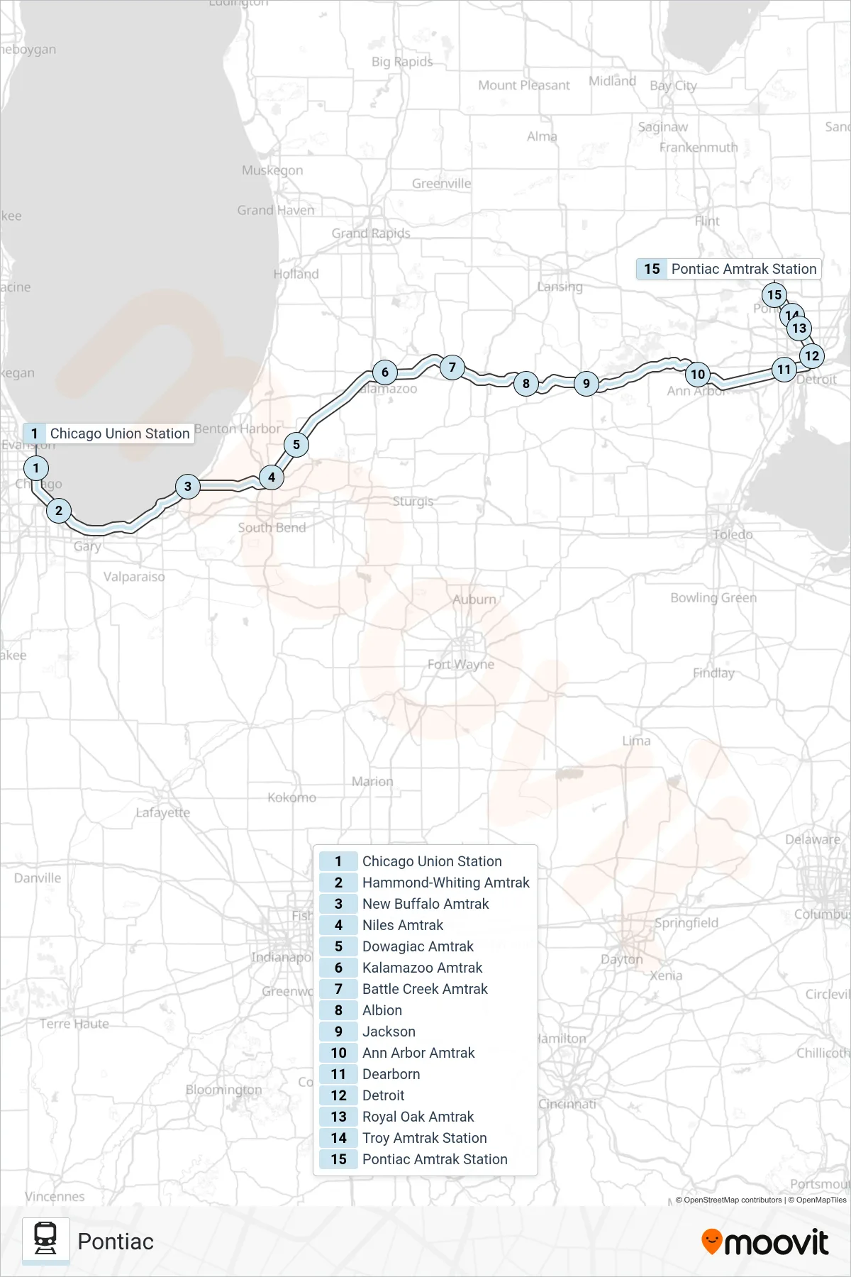 WOLVERINE train Line (Pontiac) route and stops on a map