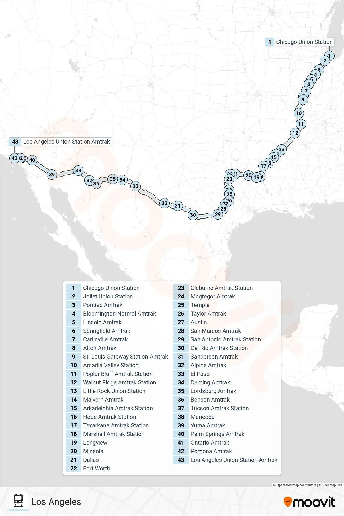 TEXAS EAGLE rail Line (Los Angeles) route and stops on a map