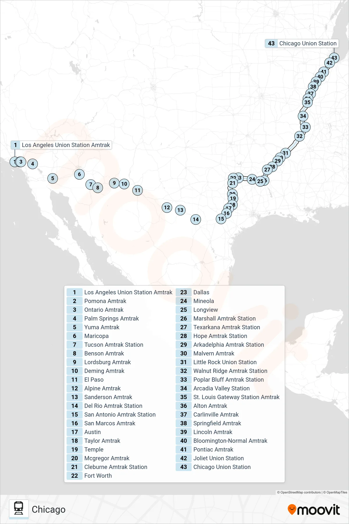 TEXAS EAGLE train Line (Chicago) route and stops on a map