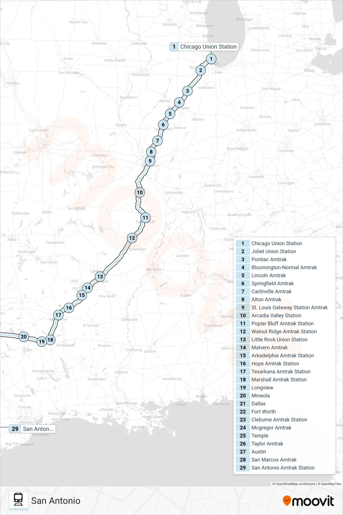 TEXAS EAGLE train Line (San Antonio) route and stops on a map