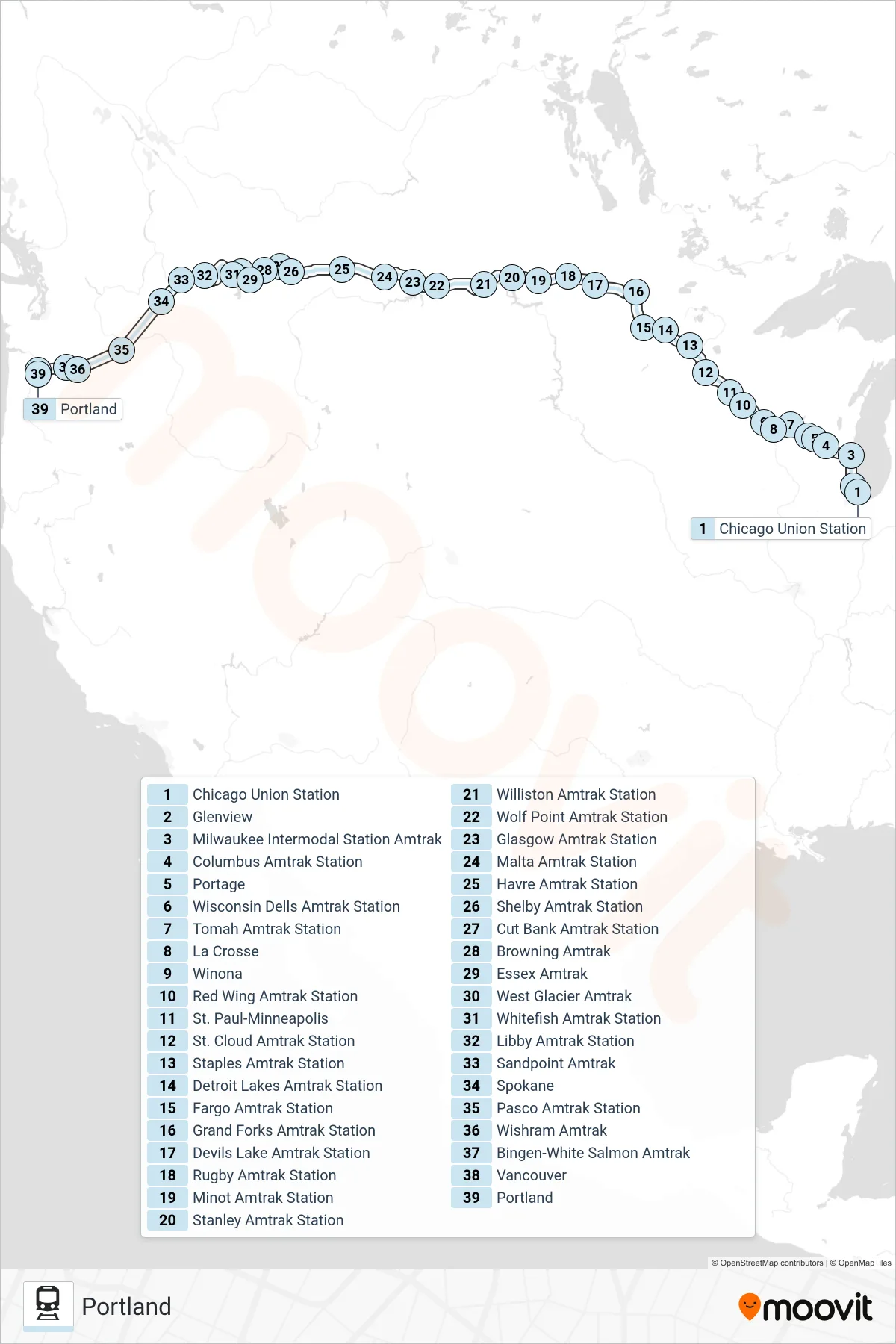 EMPIRE BUILDER train Line (Portland) route and stops on a map