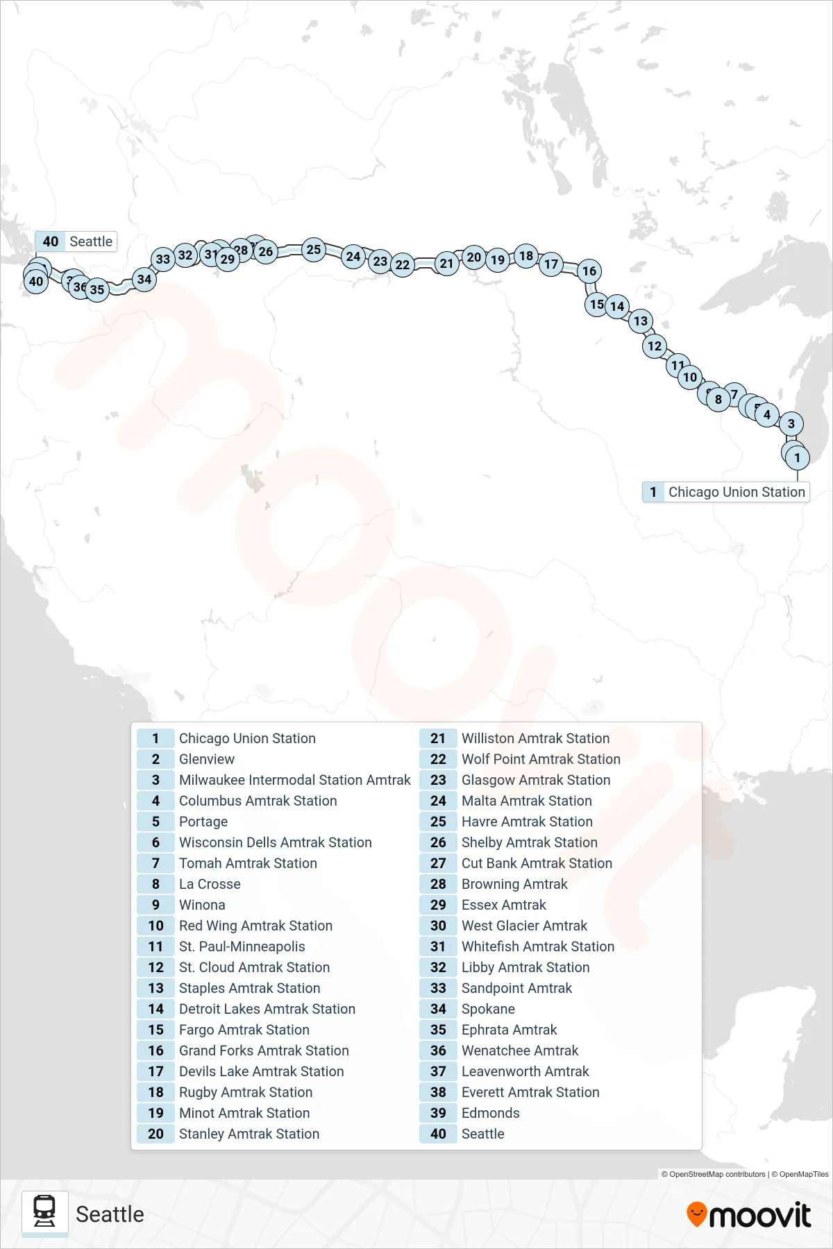 EMPIRE BUILDER train Line (Seattle) route and stops on a map