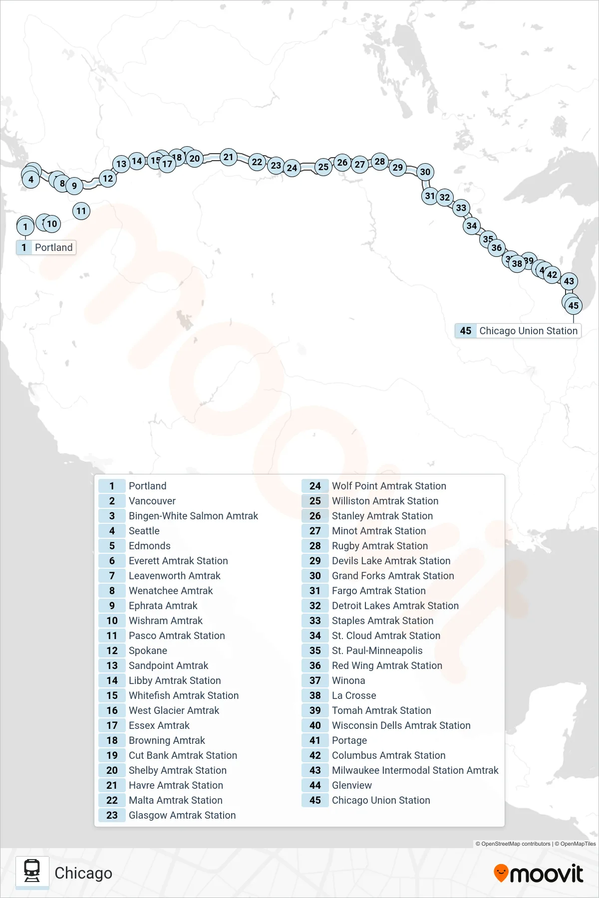 EMPIRE BUILDER train Line (Chicago) route and stops on a map