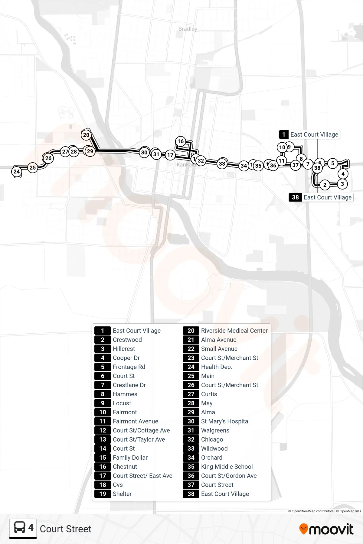 4 bus Line (Court Street) route and stops on a map