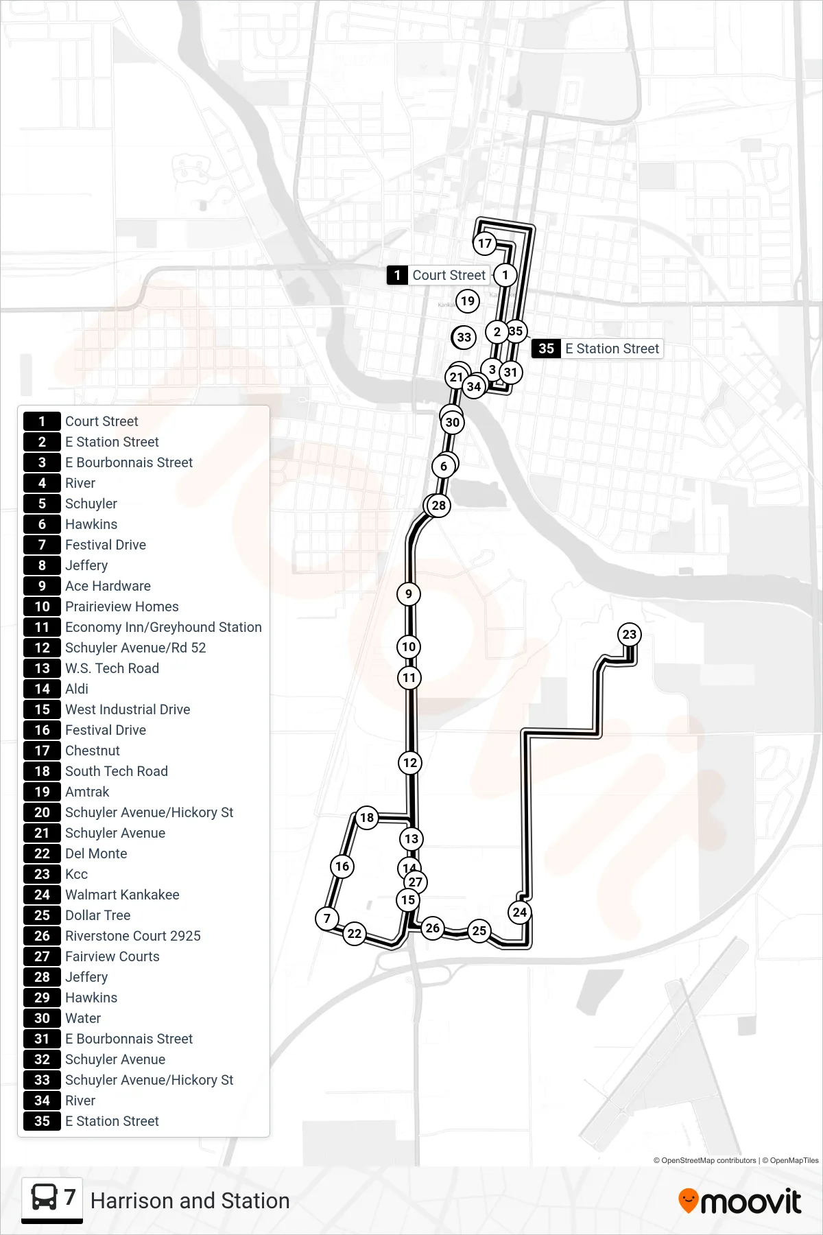 7 bus Line (Harrison and Station) route and stops on a map