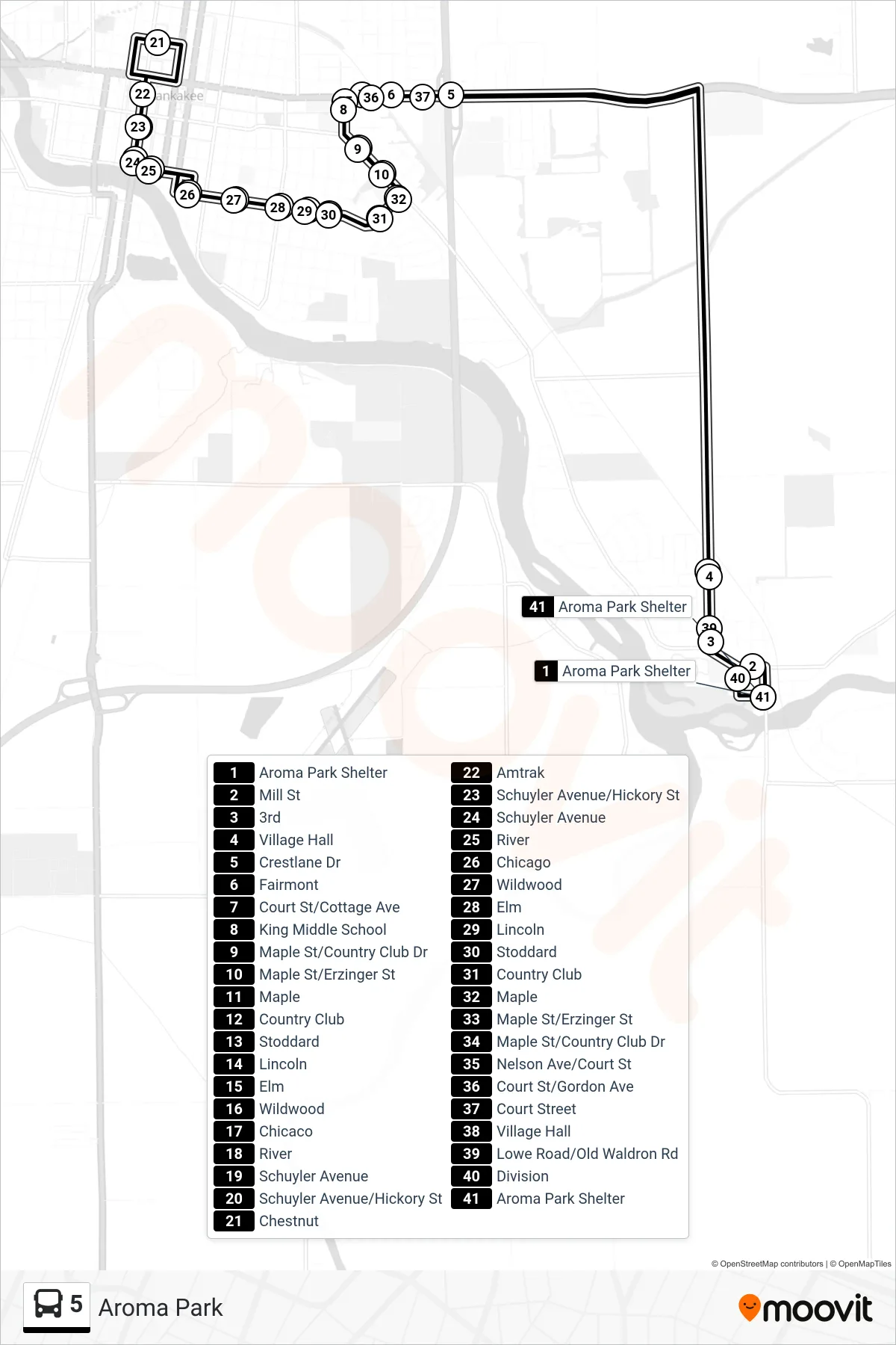 5 bus Line (Aroma Park) route and stops on a map