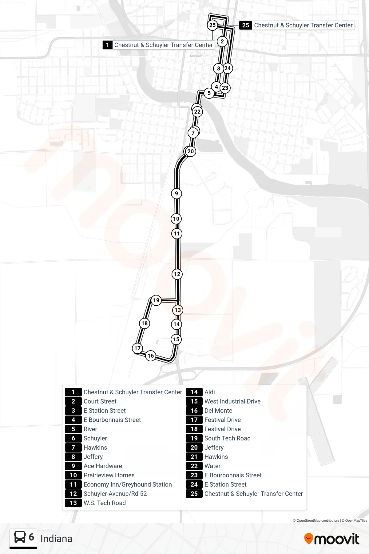 6 bus Line (Indiana) route and stops on a map