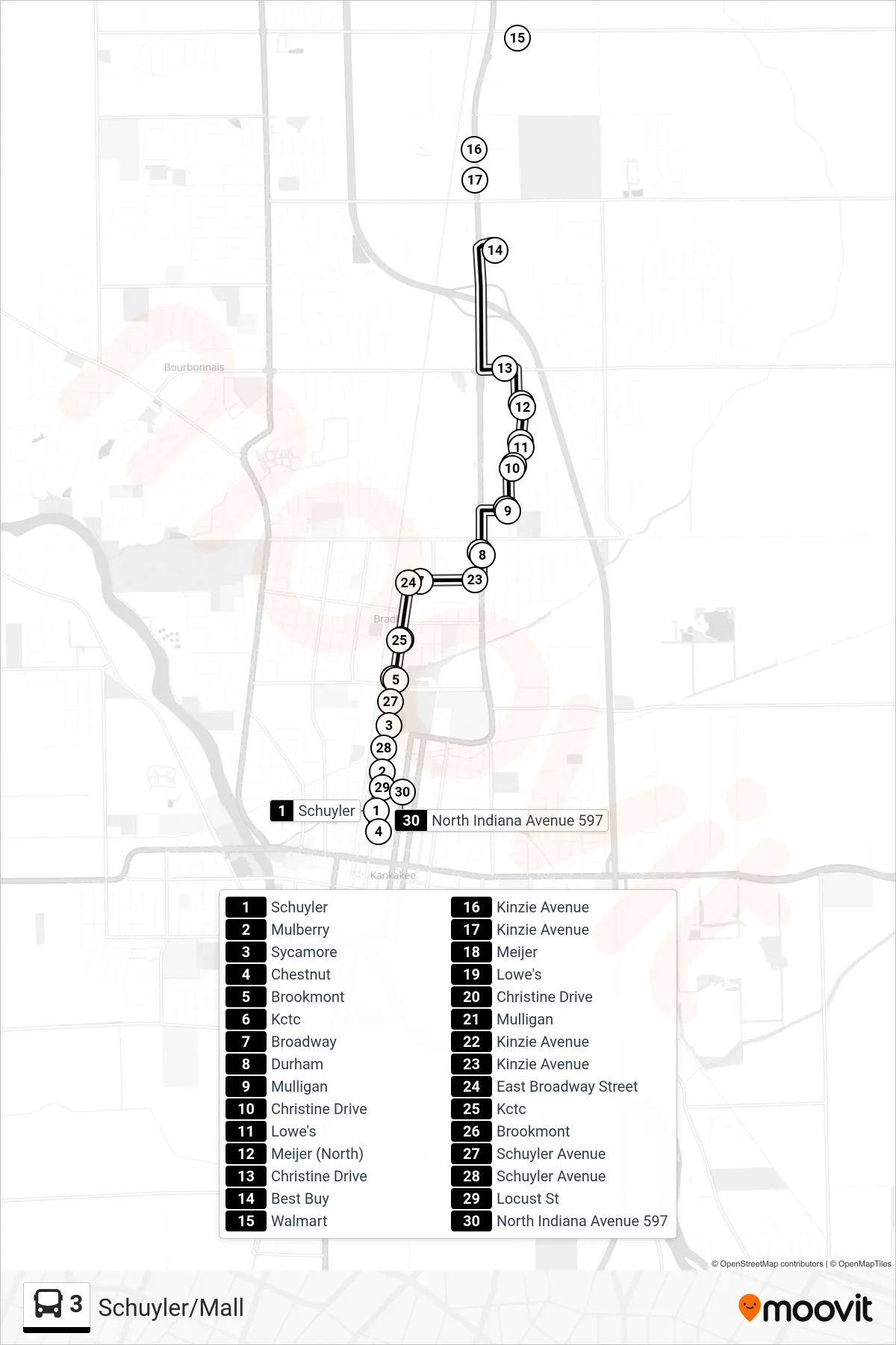 3 bus Line (Schuyler/Mall) route and stops on a map