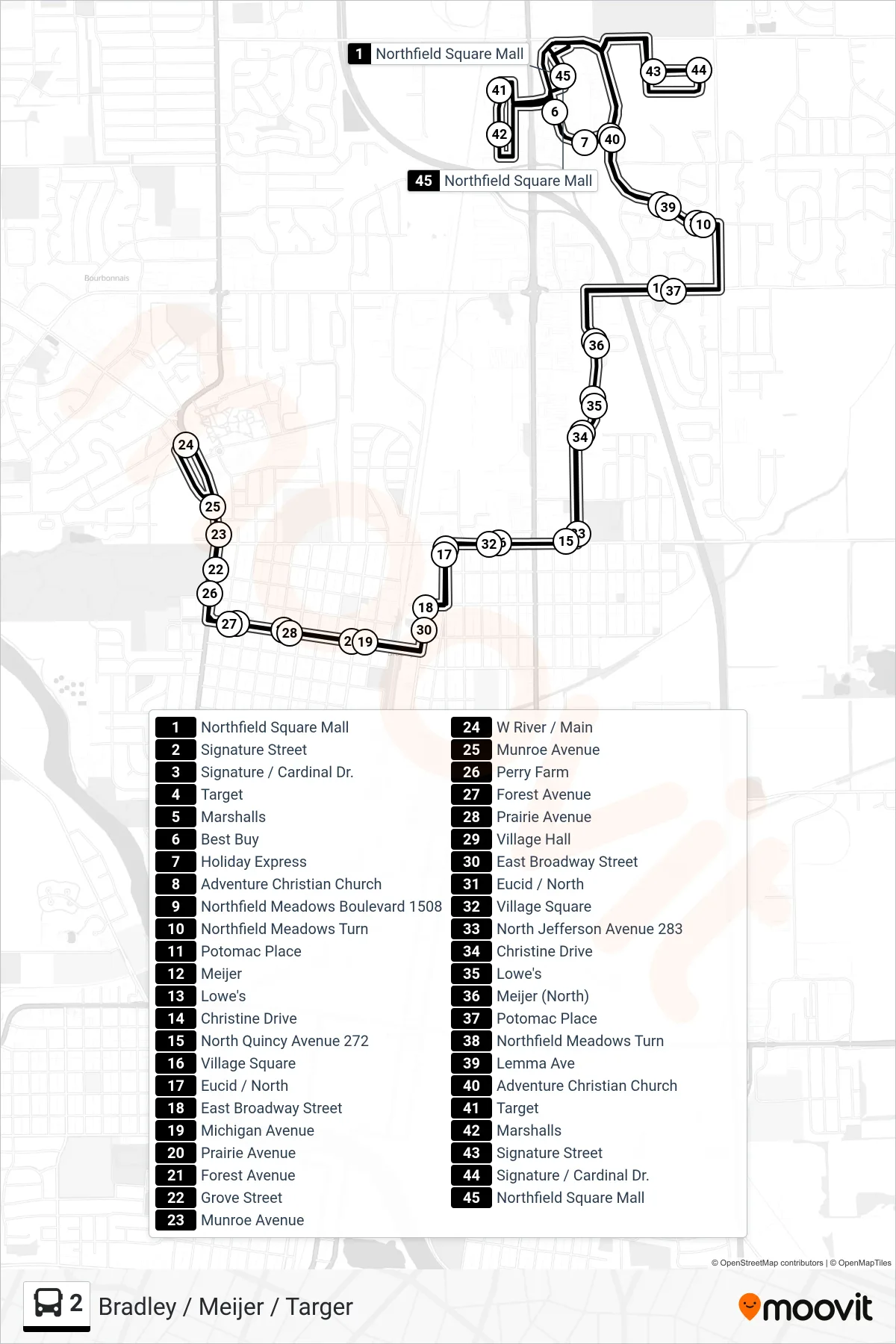 2 bus Line (Northfield Square Mall) route and stops on a map