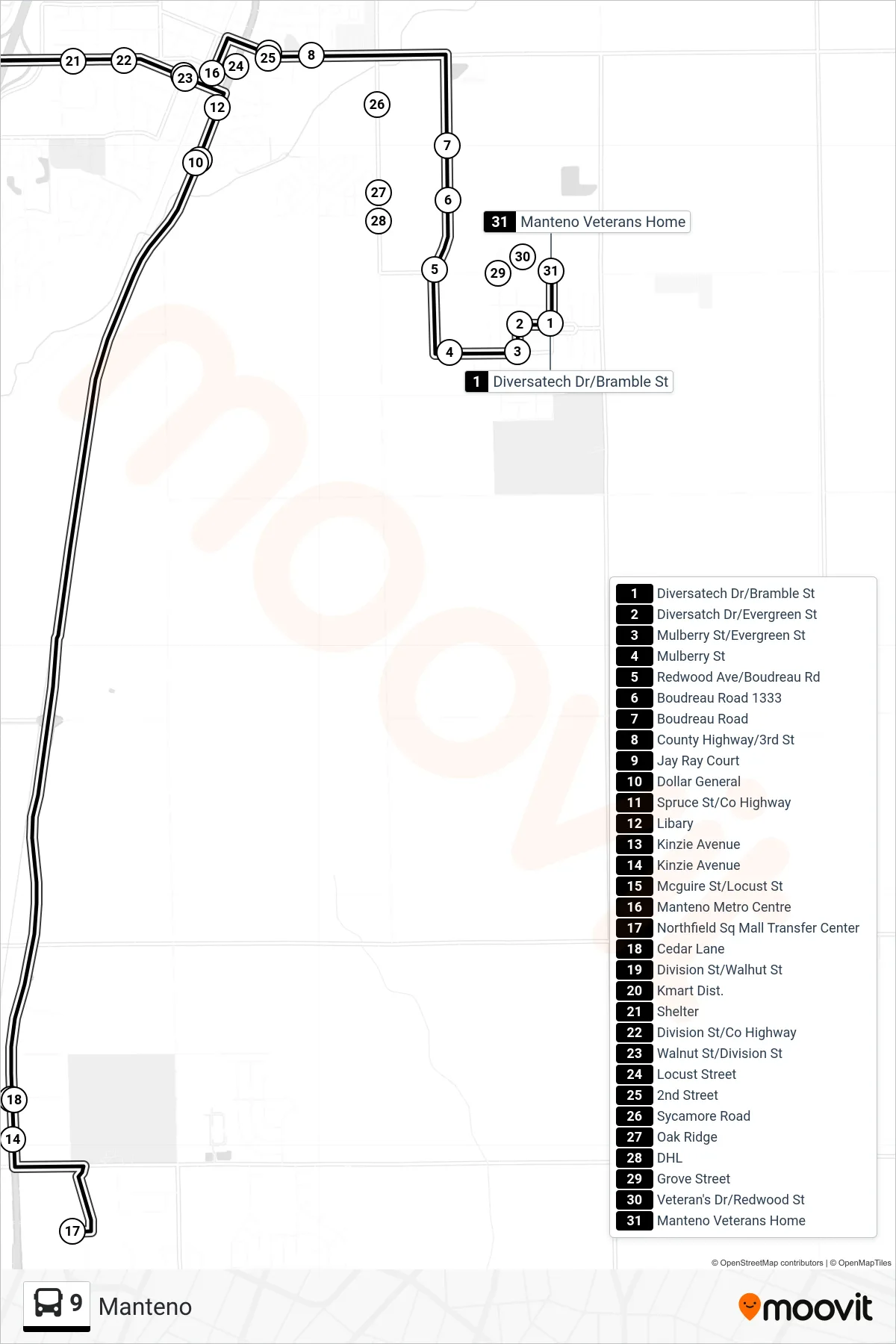 9 bus Line (Manteno) route and stops on a map