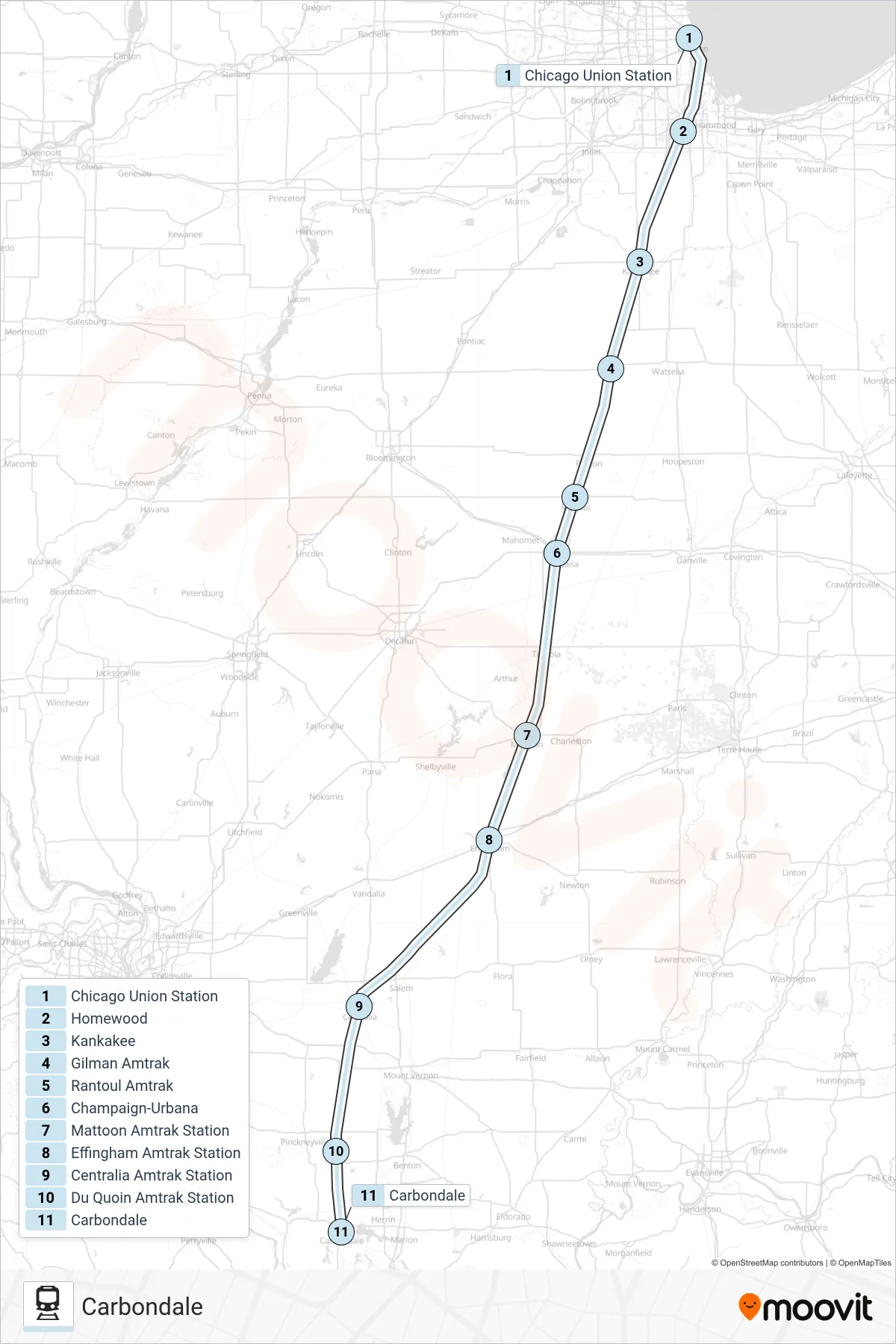 ILLINI train Line (Carbondale) route and stops on a map