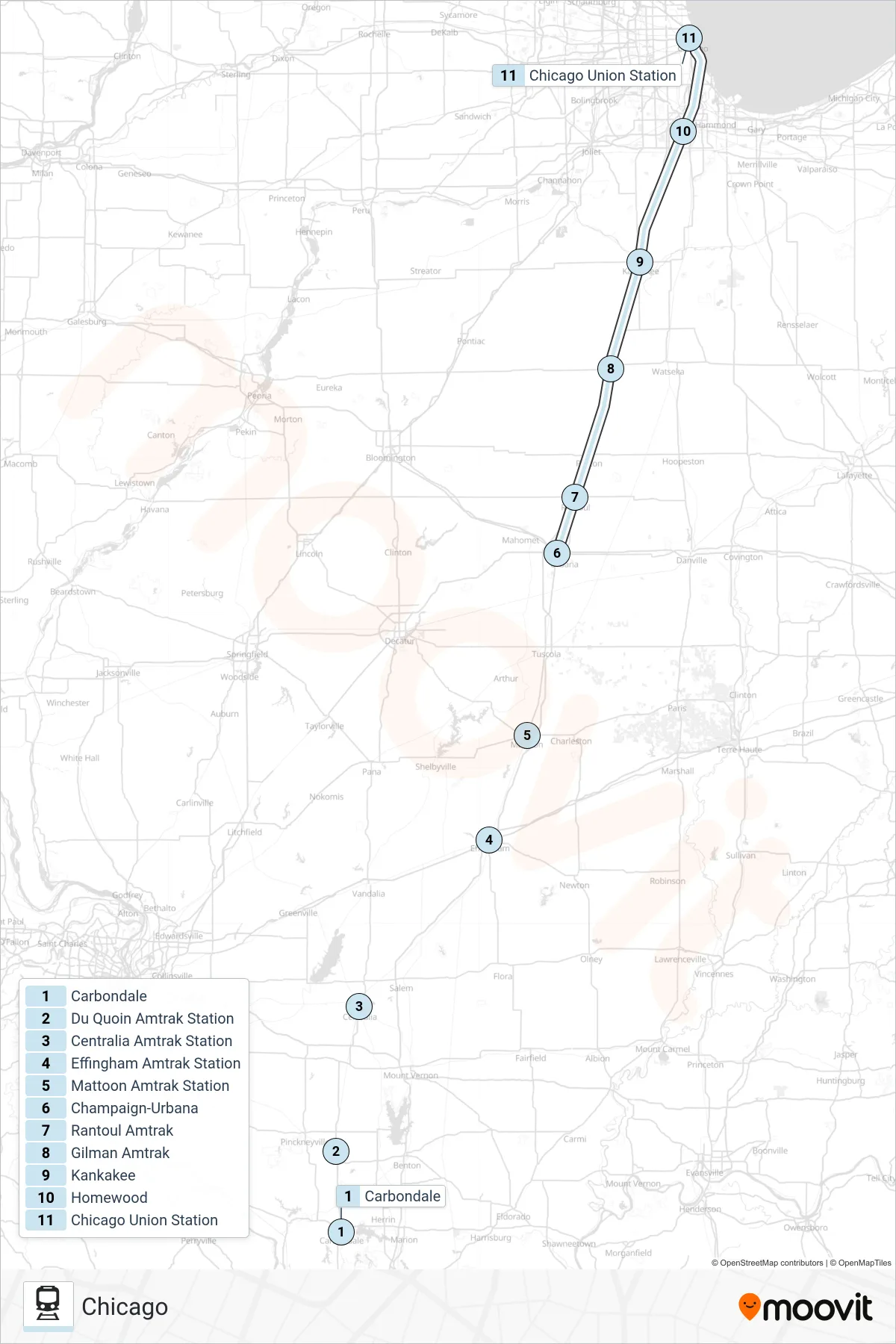 SALUKI train Line (Chicago) route and stops on a map