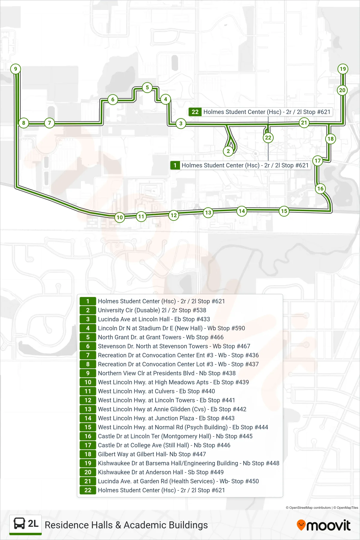 2L bus Line (Holmes Student Center (Hsc) - 2r / 2l Stop #621) route and stops on a map