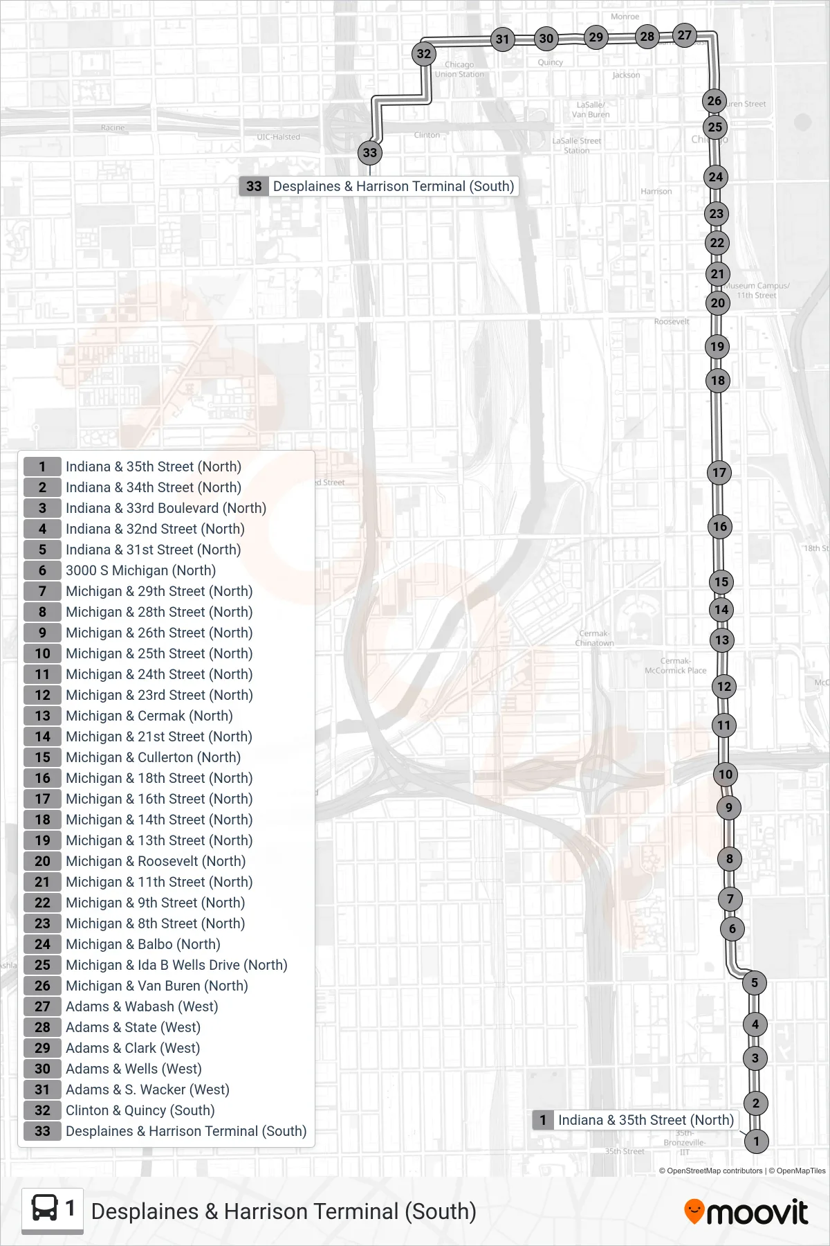 1 bus Line (Desplaines & Harrison Terminal (South)) route and stops on a map