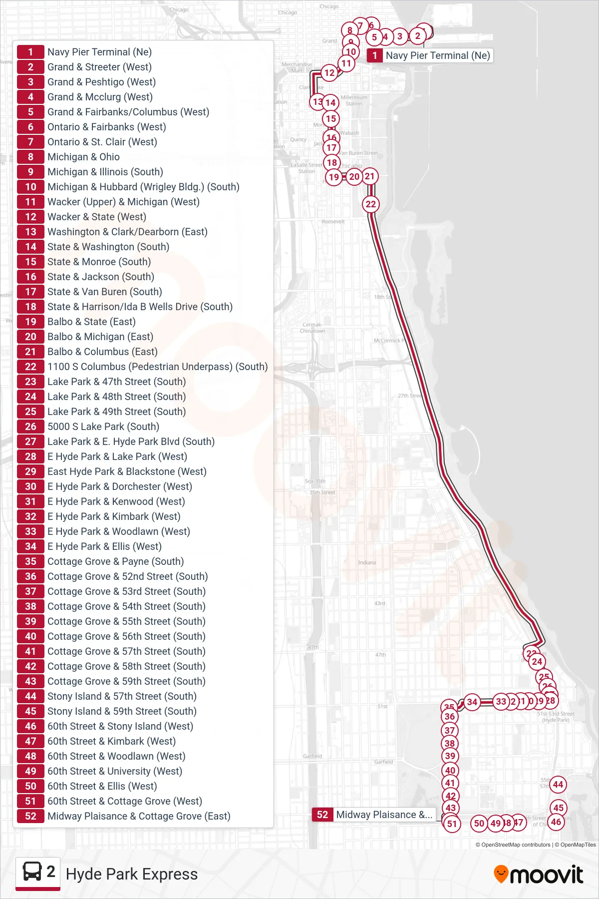 2 bus Line (Midway Plaisance & Cottage Grove (East)) route and stops on a map